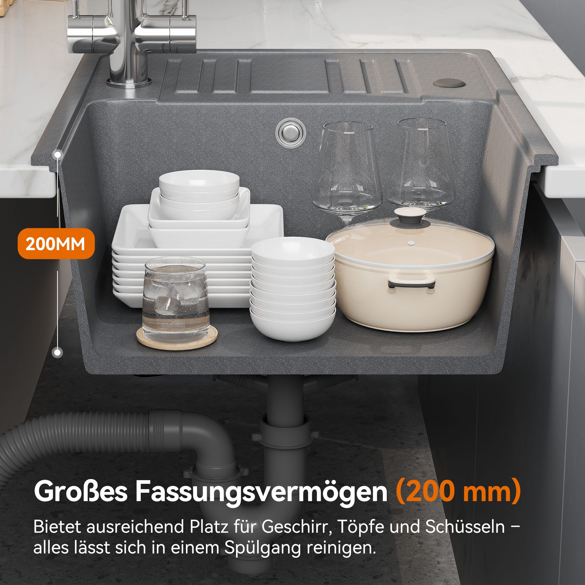 HOROW Granitspüle Küchenspüle Granit Siphon Einbauspüle Spülbecken, 57/45 cm, Vorgebohrt für eine Armatur Reversibel – Links oder Rechts montierbar, (Granit Sip – Bild 4 von 5