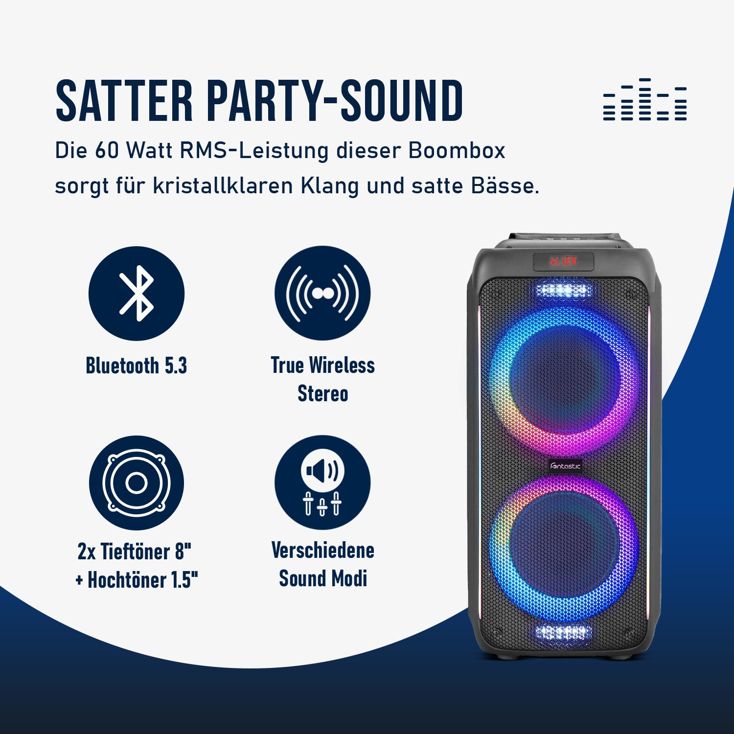 fontastic Party-Lautsprecher - Bluetooth Lautsprecher mit USB-Wiedergabe Bluetooth-Lautsprecher (60 W)