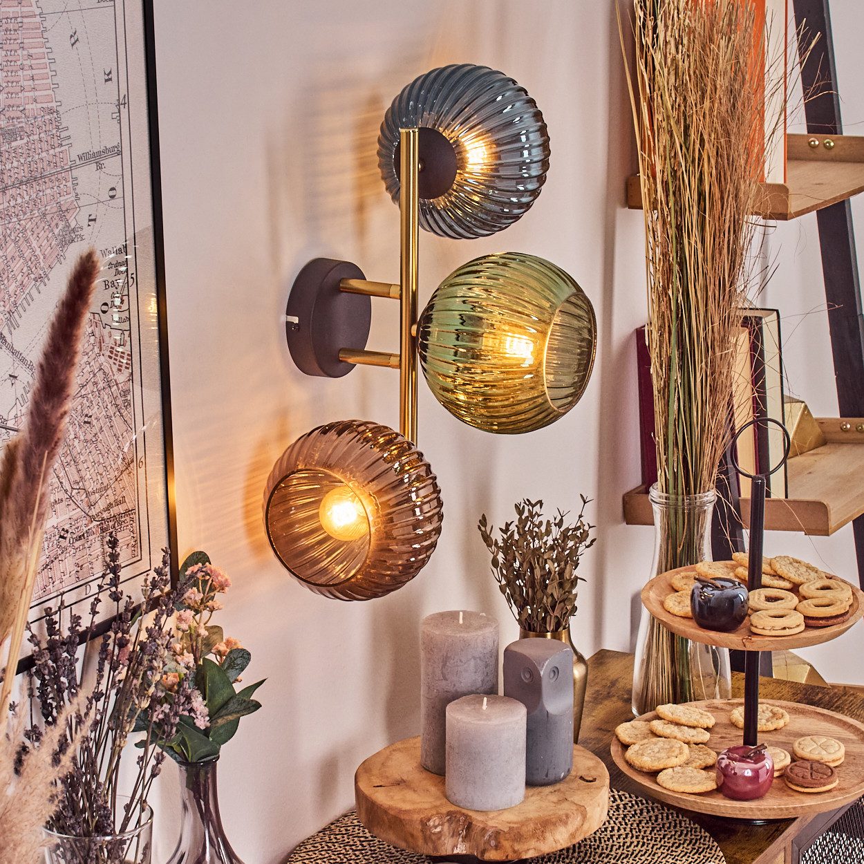 hofstein Wandleuchte Wandlampe aus Metall/Riffelglas in Schwarz/Gold/Blau/Grün/Kupfer, moderne Wandleuchte im Retro/Vintage-Design (Schirme 15 cm), E14