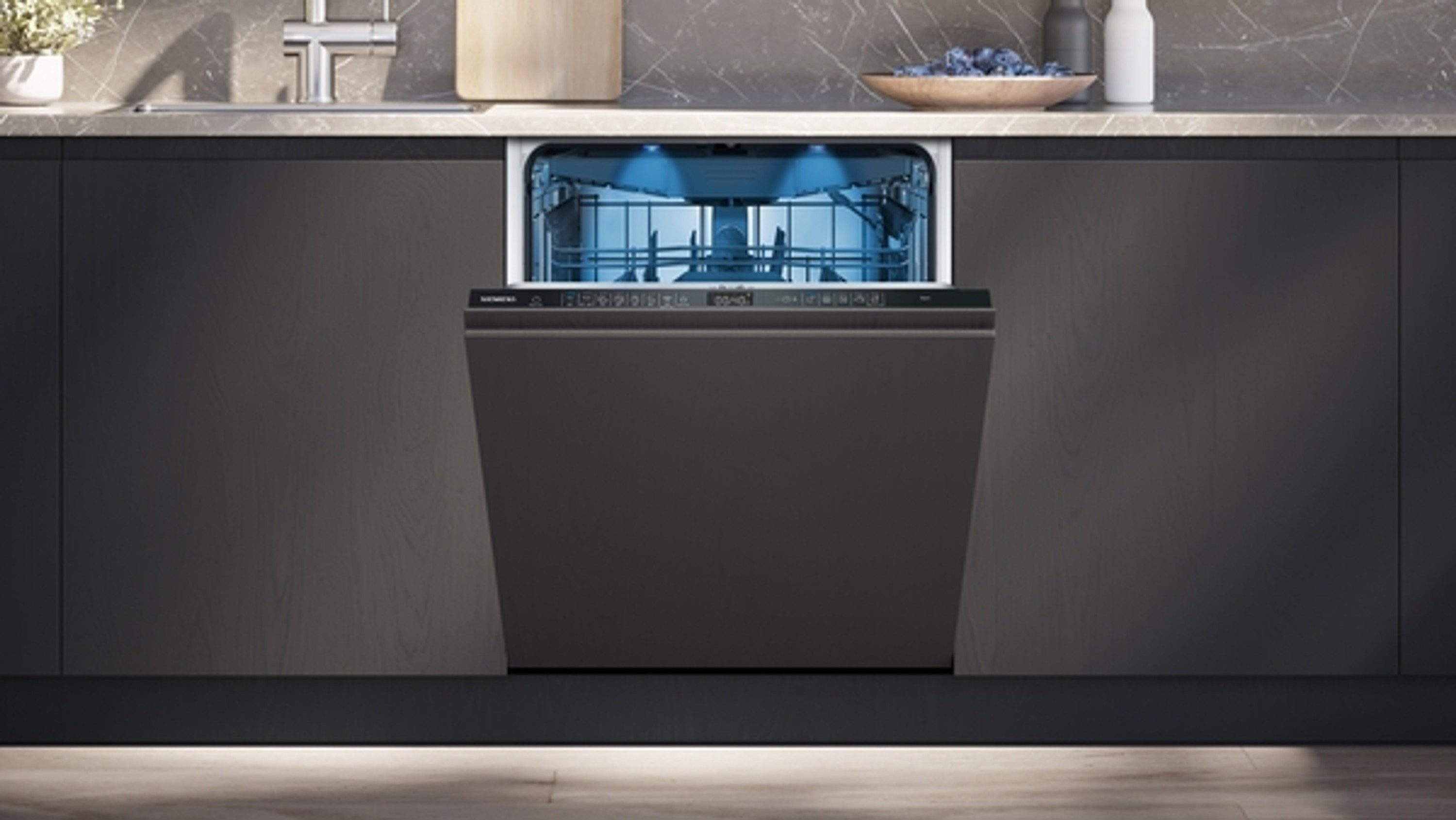 SIEMENS vollintegrierbarer Geschirrspüler iQ500 SN65EX12CE, 9 l, 14 Maßgedecke, Restlaufzeit auf den Boden projiziert, Wifi-fähig