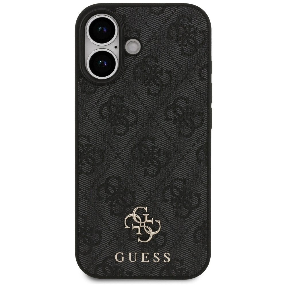 Guess Handyhülle Case iPhone 17 MagSafe Kunstleder grau Logo goldfarben 6,3 Zoll, Kantenschutz