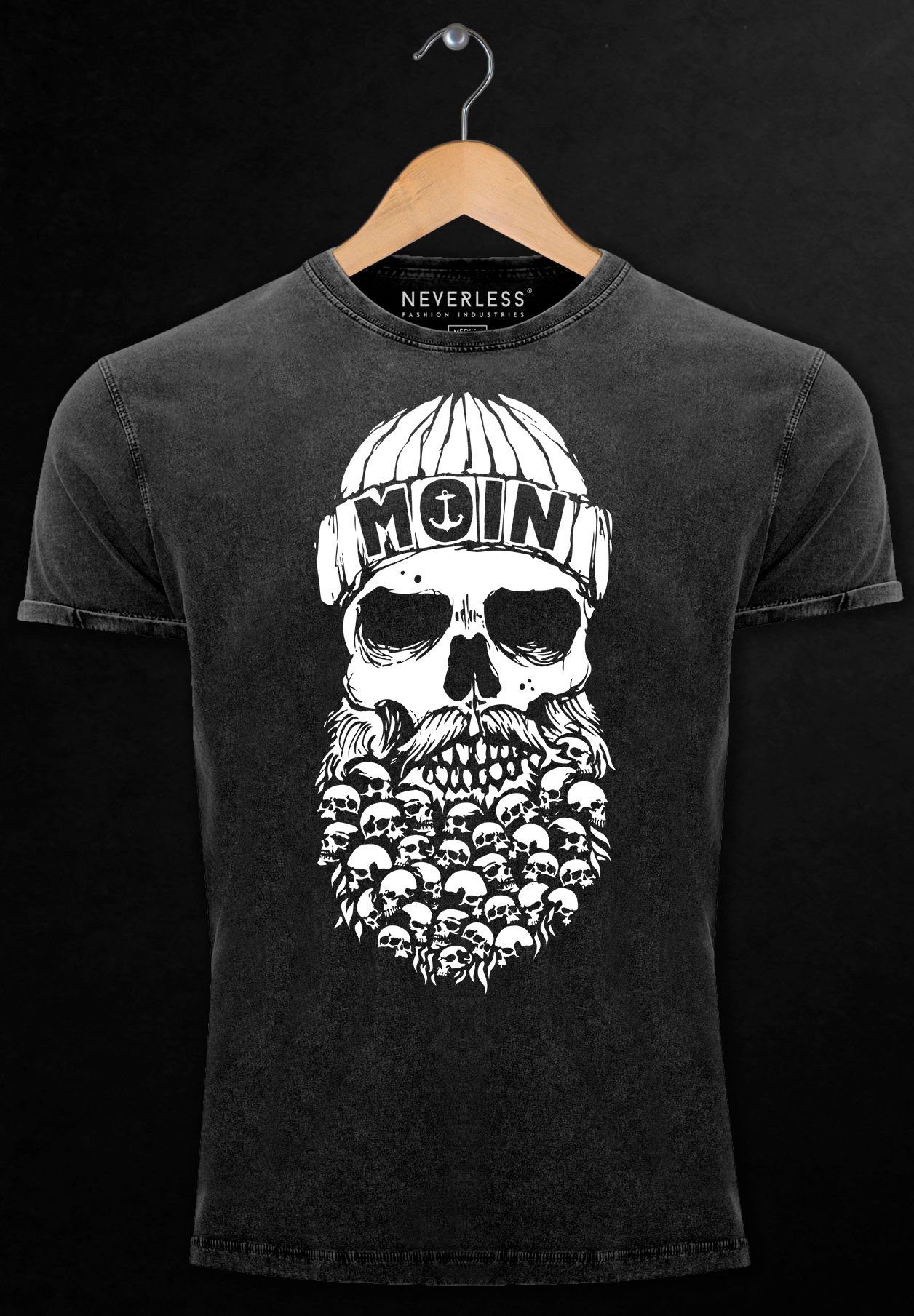 Herren Dialekt Nordisch Hamburg Neverless schwarz Vintage Moin Ank mit Print-Shirt Skull Shirt Totenkopf Print
