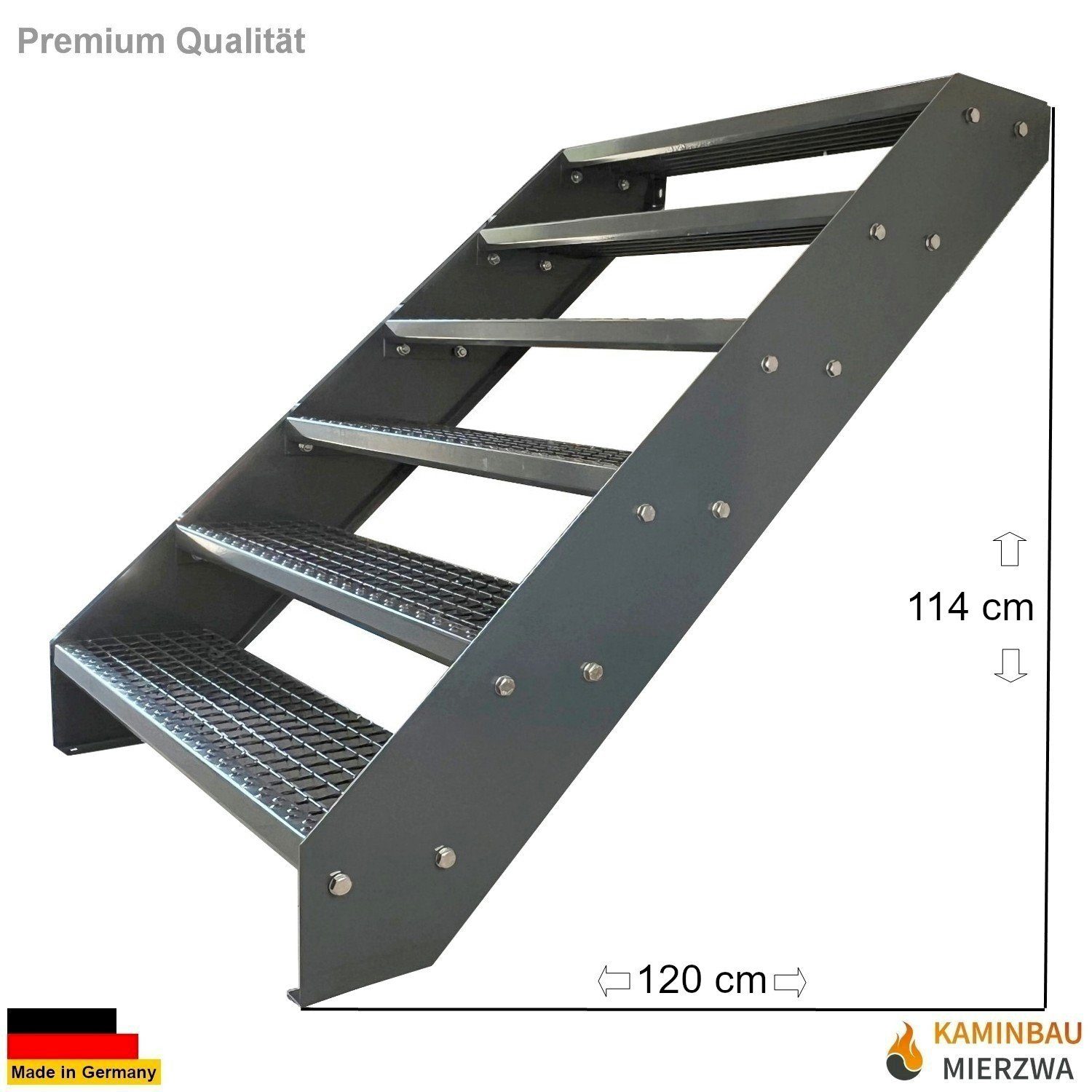 Kaminbau Mierzwa Außentreppe Premium Treppe Komplett Anthrazit Höhe Verstellbar, für Geschosshöhen bis 114 cm, Stufen Gitterroststufen nach DIN 24531, (Höhe 114 cm, Breite wählbar aus 60, 80, 100, 120, 140 cm), Gartentreppe Stahltreppe Wetterfest Rostfrei Feuer-Verzinkt Rutschfest