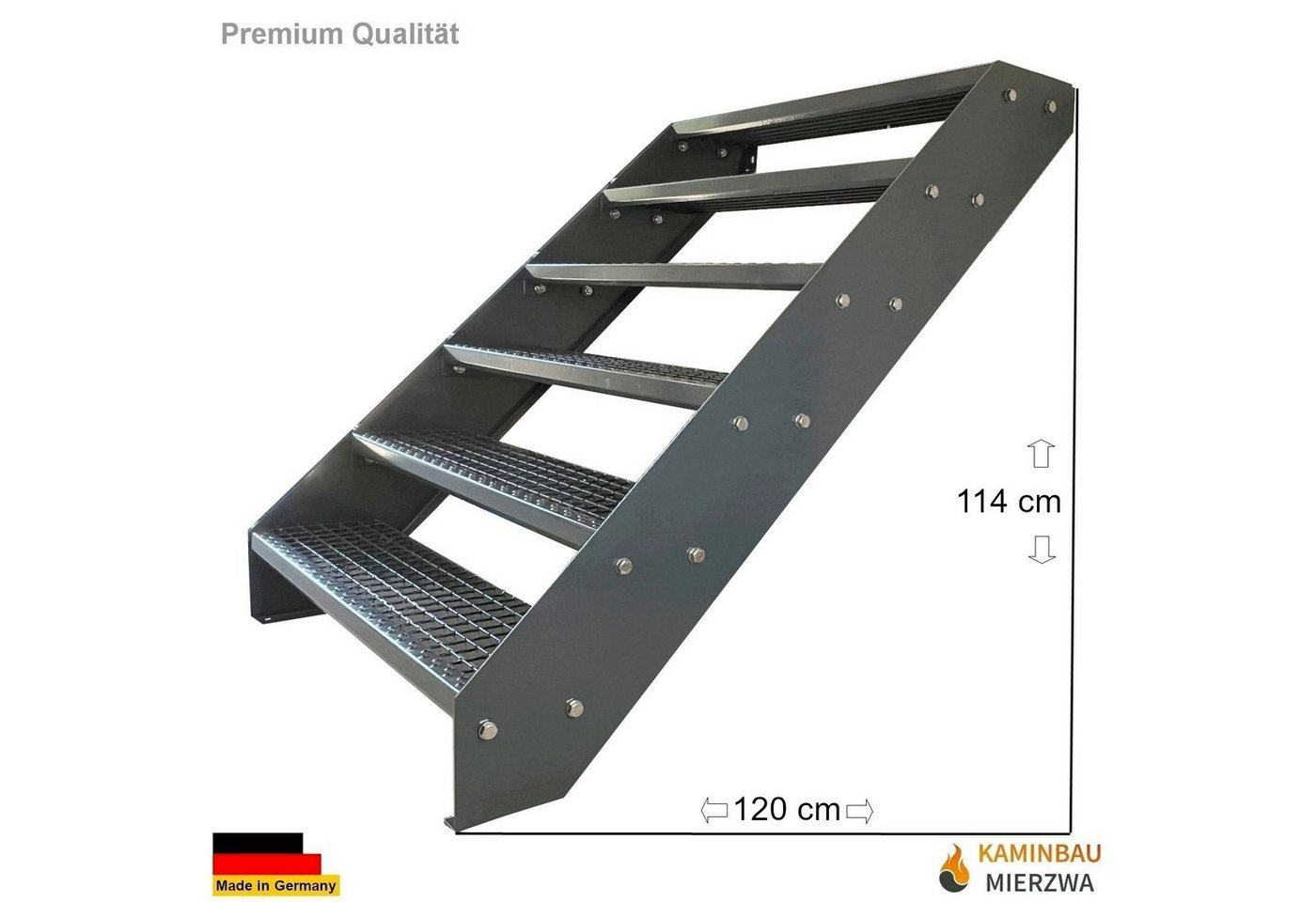 Thumbnail - Kaminbau Mierzwa Außentreppe Premium Treppe Komplett Anthrazit Höhe Verstellbar, für Geschosshöhen bis 114 cm, Stufen Gi...
