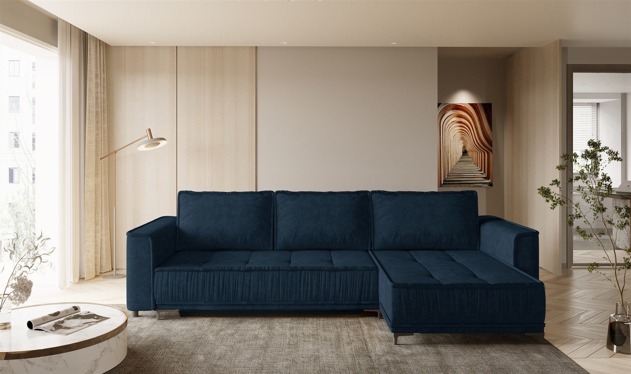 Fun Möbel Ecksofa Schlafsofa JUNA mit Ottomane in Stoff Terra, inkl. Bettkasten, Rundumbezug