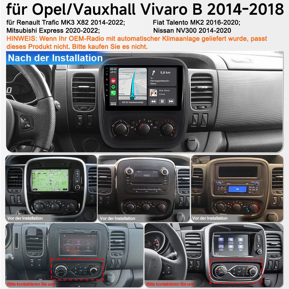 A-Sure 8-Core Für Opel Vivaro B Renault Trafic Nissan NV300 Carplay GPS Navi Autoradio (Digitalradio (DAB), FM, AM, 1080P IPS Screen/8-Core CPU)