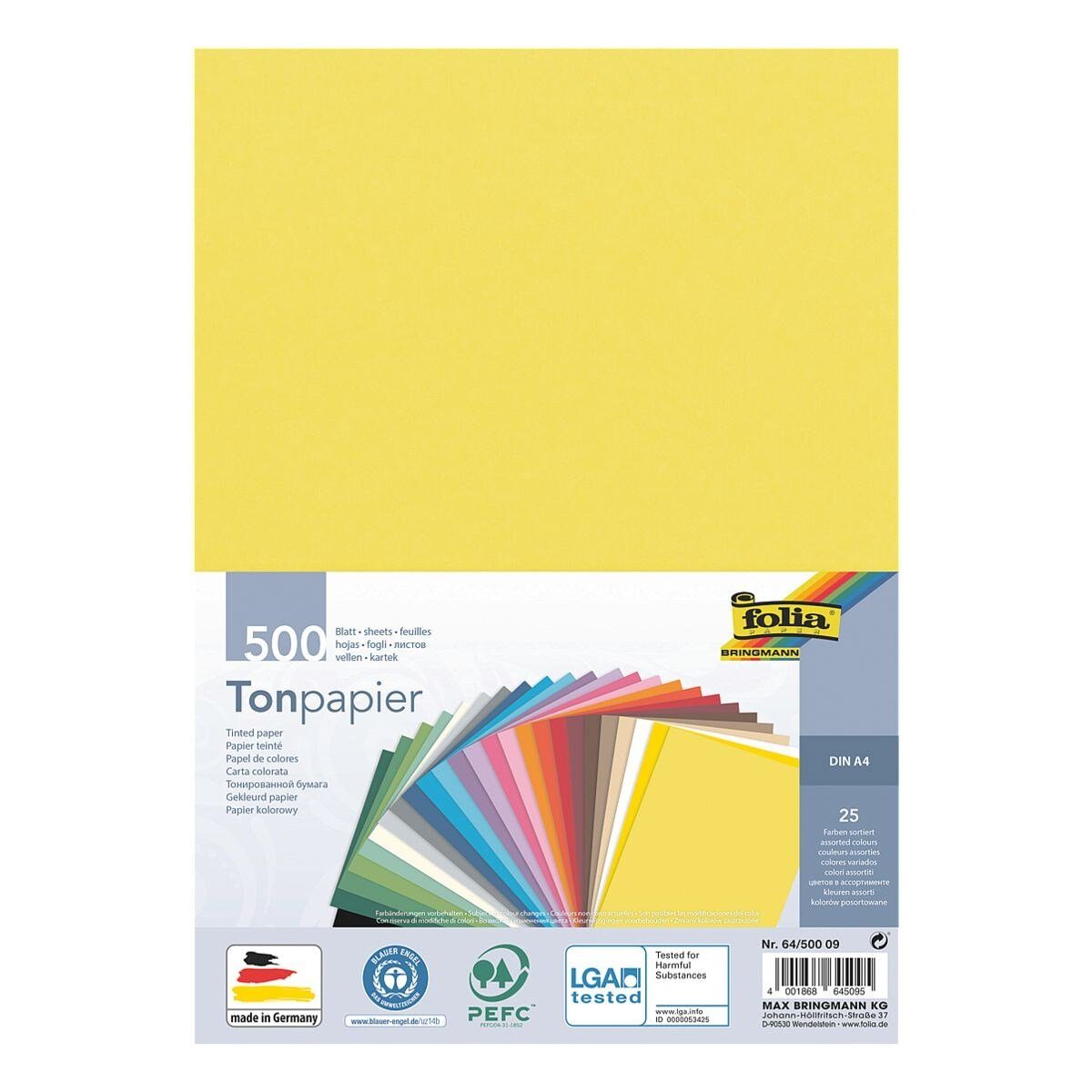 Folia Bastelkartonpapier, Tonpapier pastell, Format DIN A4, 130 g/m², 500 Blatt