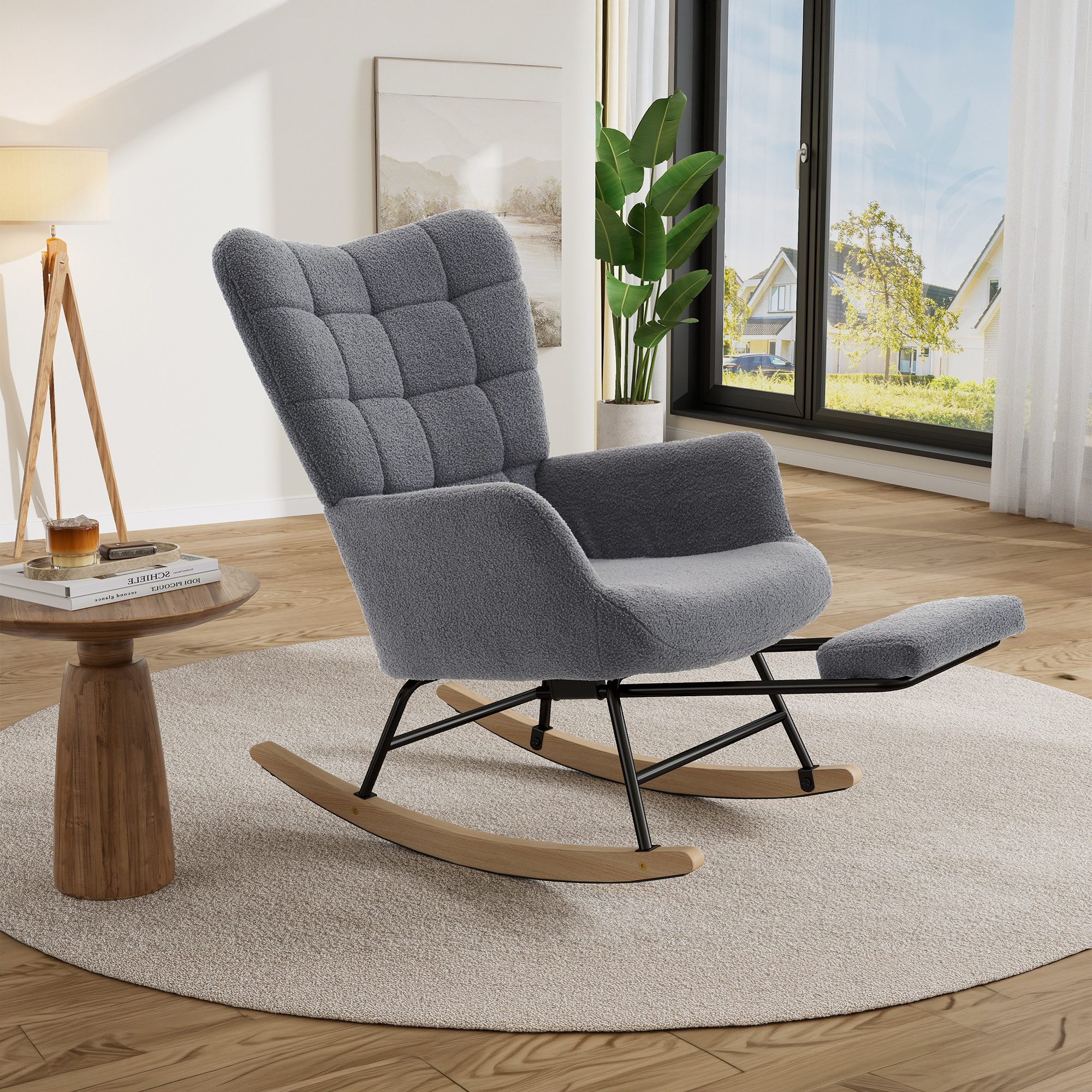 HAUSS SPOLE Schaukelstuhl mit ausziehbarer Fußstütze,Relaxsessel mit Schaukelfunktion,Grau (Relaxsessel Polstersessel mit Fußstützefunktion und Schaukelfunktion), Wohnzimmersessel mit geschwungenen Holzschaukelfüßen