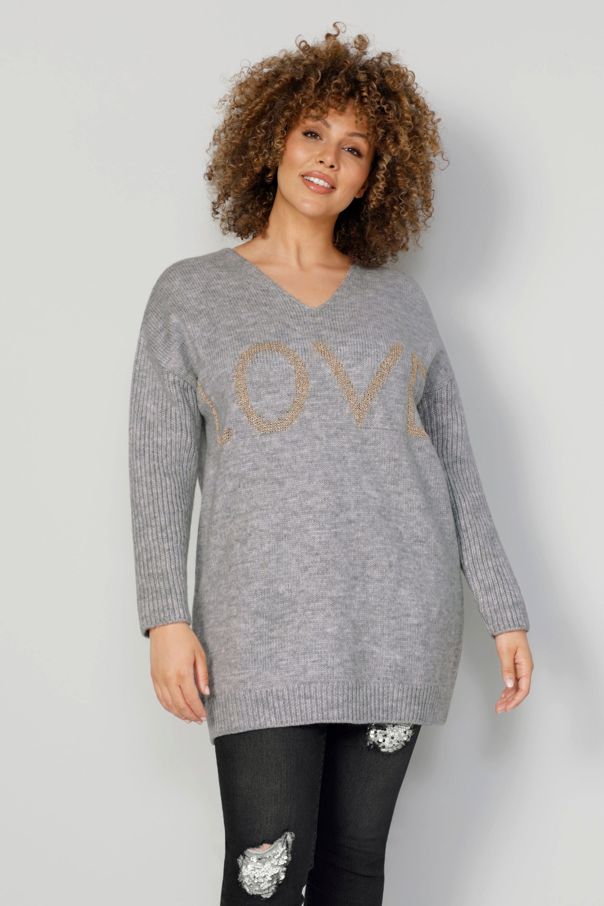 MIAMODA Strickpullover Long-Pullover LOVE Ripp-Langarm