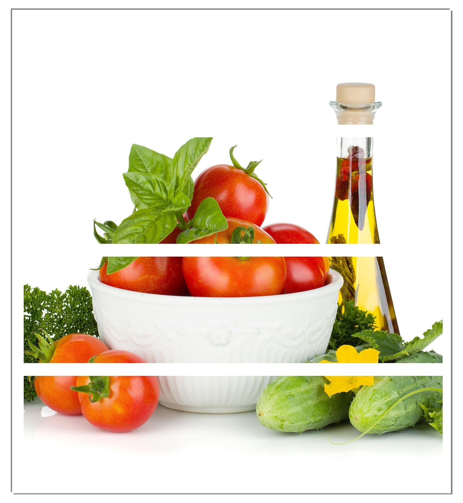Wallario Möbelfolie Frische Salatzutaten mit Kräuter-Öl - Tomaten, Gurke, Petersilie