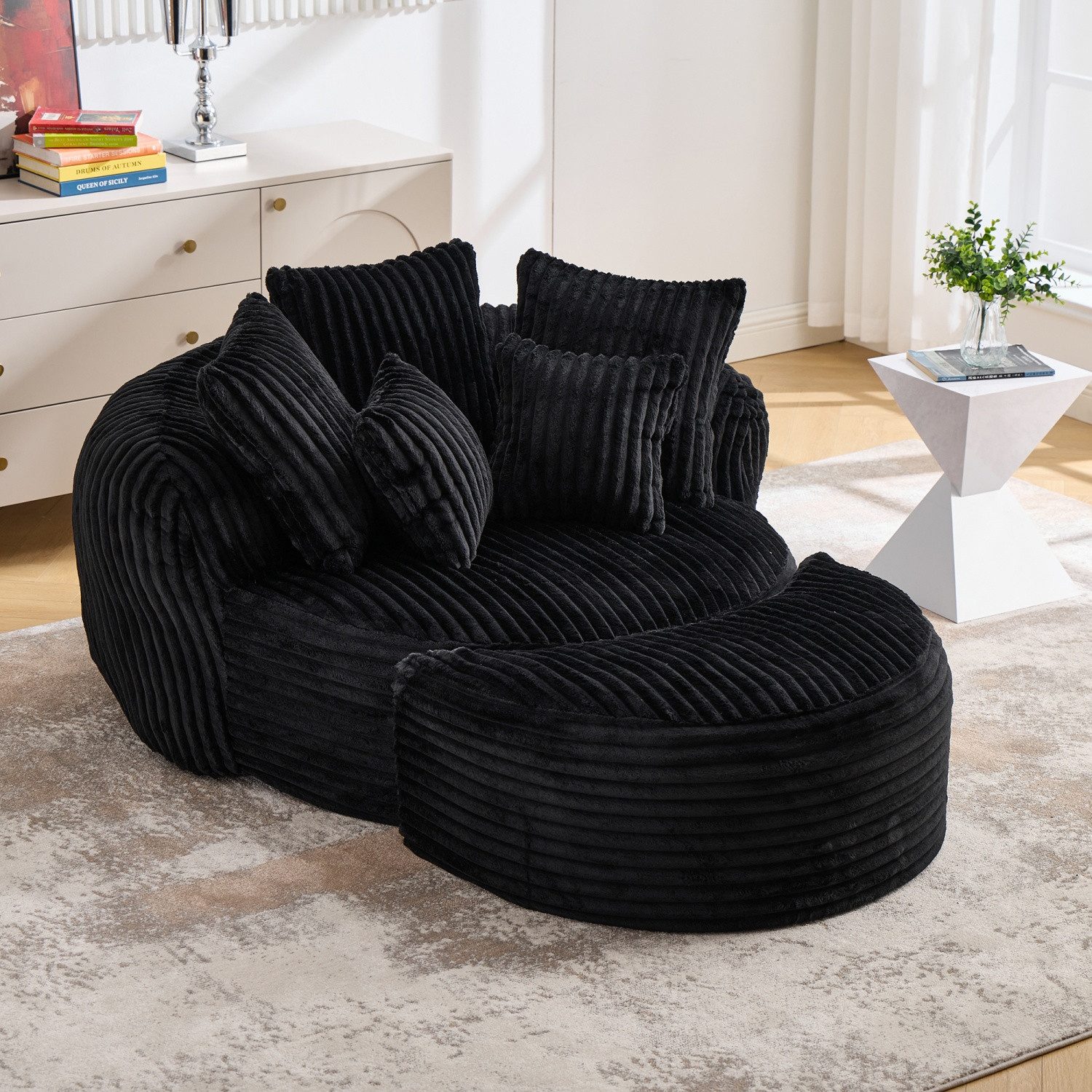 ANYSUN XXL-Sessel Rundsessel mit Hocker, 123×97×63 cm, Chenille, mit Rückenkissen (1 Rundsessel + 1 Hocker + 5 Zierkissen), Für Wohnzimmer, Schlafzimmer & Leseecke, montagefrei, 5 Zierkissen