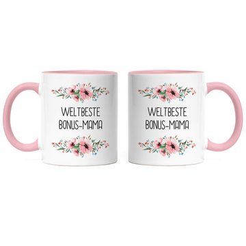 Hey!Print Tasse Weltbeste Bonus-Mama Tasse Mutterliebe Blumenmotiv Geschenkidee Muttertag Geburtstag, Keramik