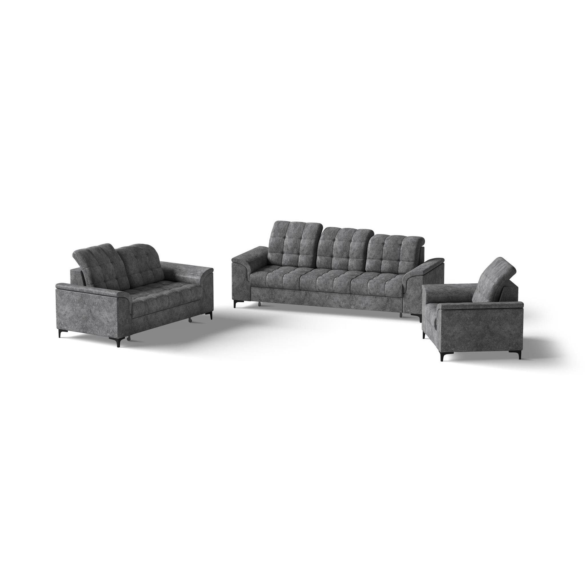 2-Sitzer ash) 3-Sitzer Metallbeine + (bangkok Polstergarnitur Polsterset Velvetstoff (mit Kopfstützen, Snap, verstellbare Sessel), + schwarze aus Grau mit stilvoll Schlaffunktion, Beautysofa Bettkasten,