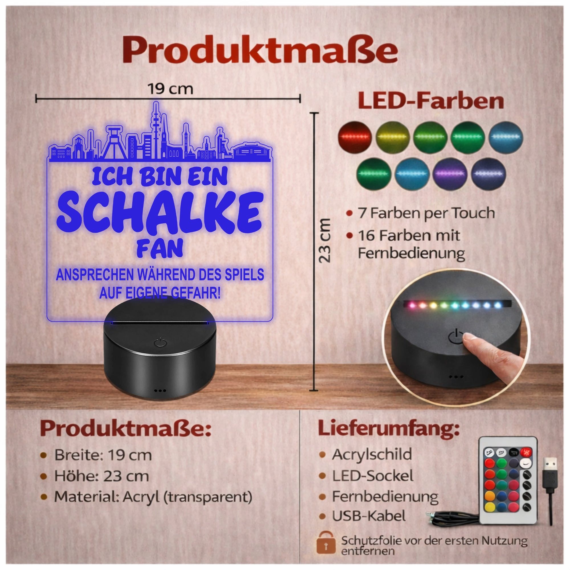 Lieblingsmensch LED Nachtlicht Fußball - Ich bin ein Schalke Fan - Ansprechen auf eigene Gefahr, LED fest integriert, Farbwechsel oder feste Farbe mit Fernbedienung & Touch, Man Cave Stimmungslicht – 19x23cm