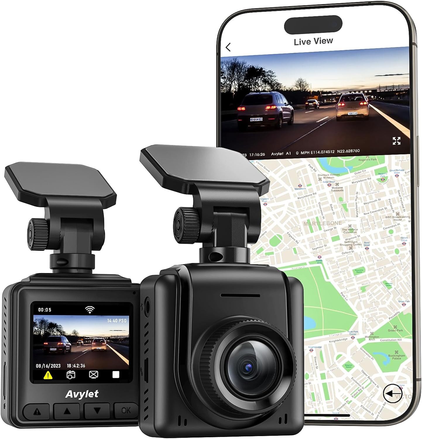 Avylet Dashcam Auto WiFi 2K, Mini Vorne Autokamera Unterstützt externes GPS Dashcam (WLAN (Wi-Fi), APP,IPS-Bildschirm,Bewegungserkennung,G-Sensor, Ultra Nachtsicht,170°Weitwinkel,WDR,24 Std.Parkmodus)