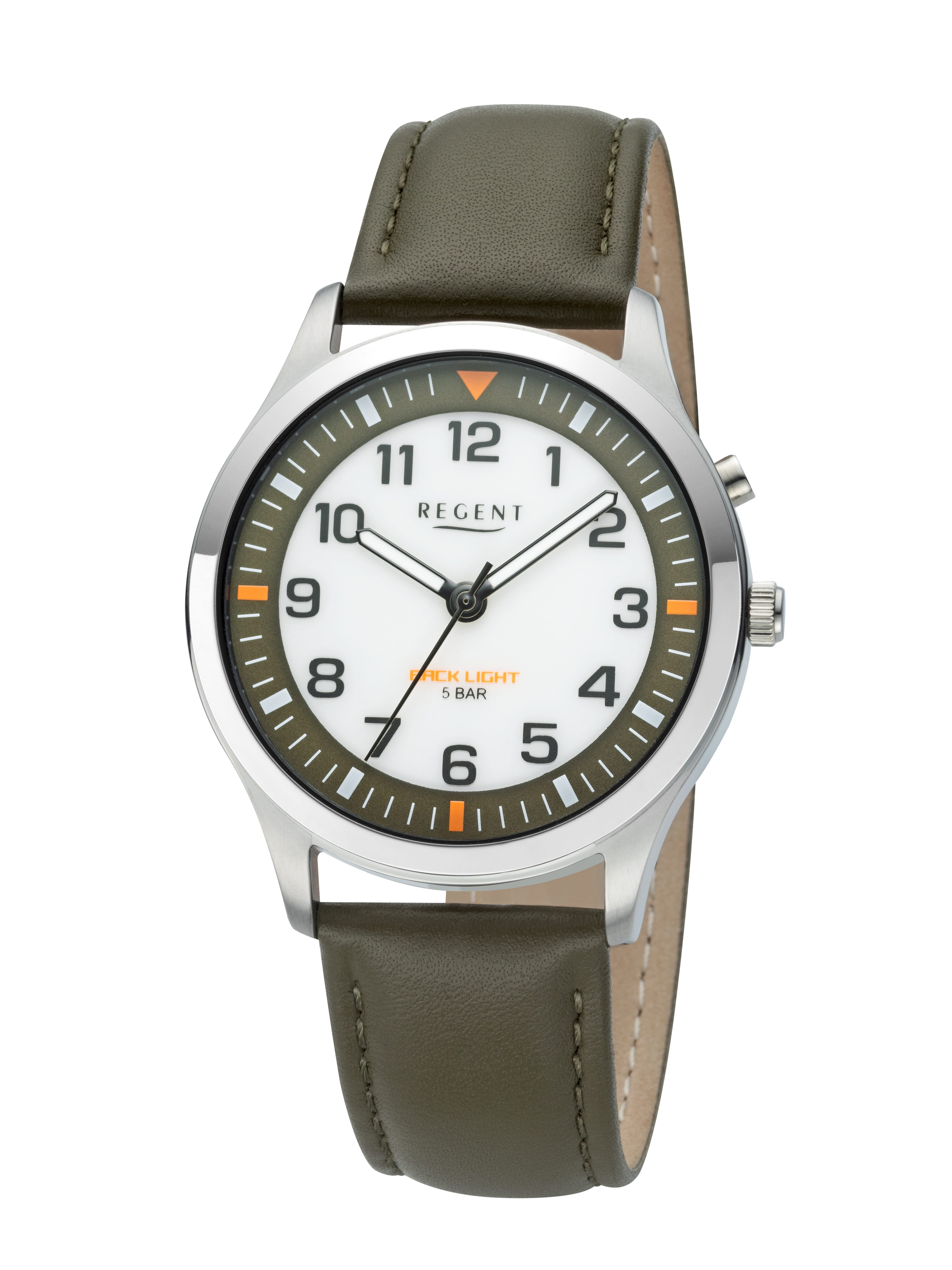 Regent Quarzuhr F1607, Armbanduhr, Herrenuhr, Lederarmband, analog, Beleuchtung