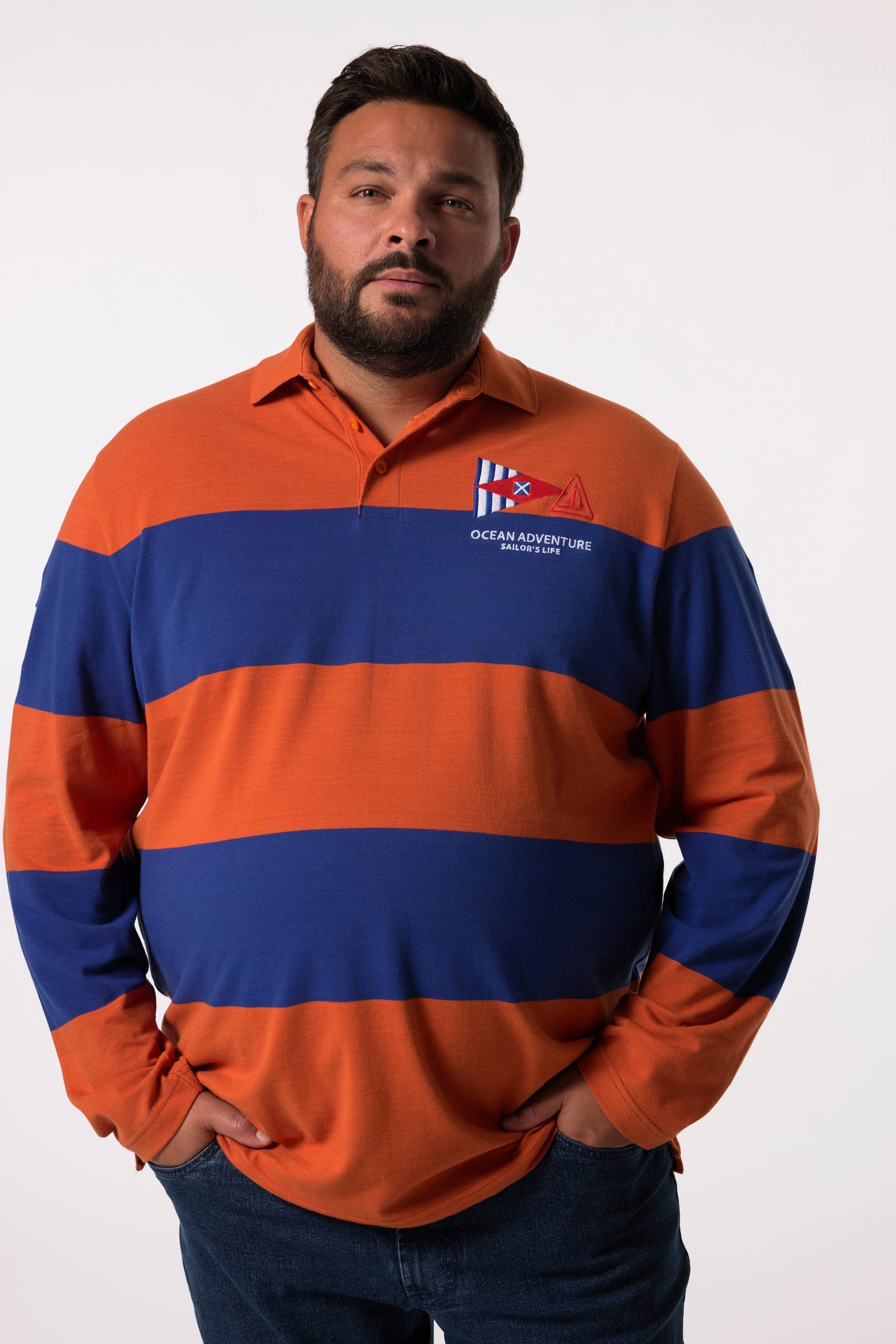Men Plus Poloshirt Poloshirt Langarm Ringel-Piqué günstig online kaufen