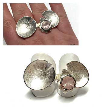 Edelschmiede925 Silberring Doppelfingerring 925/- Silber Unikatschmuck Rosenquarz auf Seerosenbla