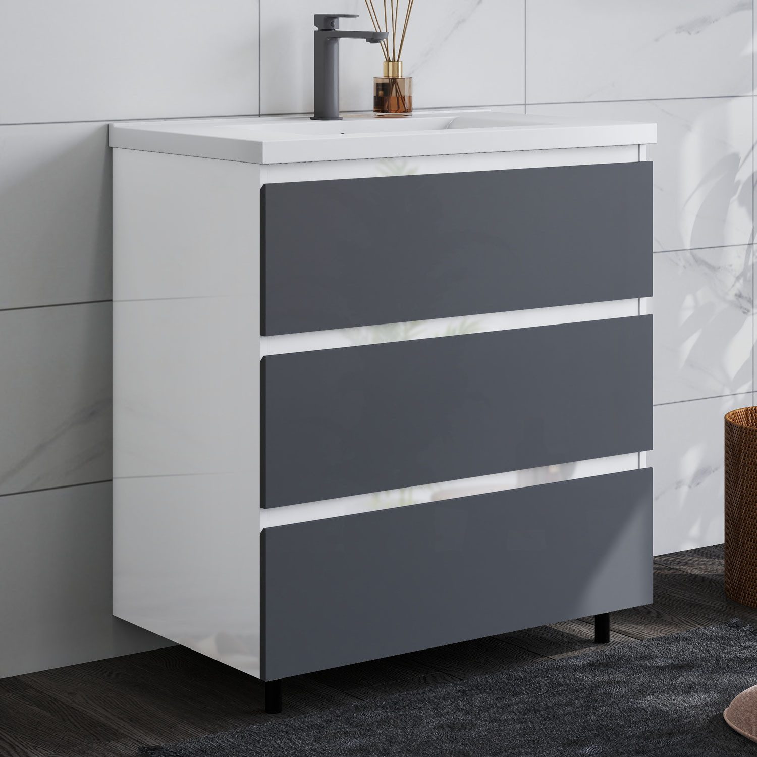 duschspa Waschtisch Badmöbel Set Waschbecken mit Unterschrank Badezimmer Möbel Schrank (Hängeschrank, mit Schrankfüße), 80/100cm breit