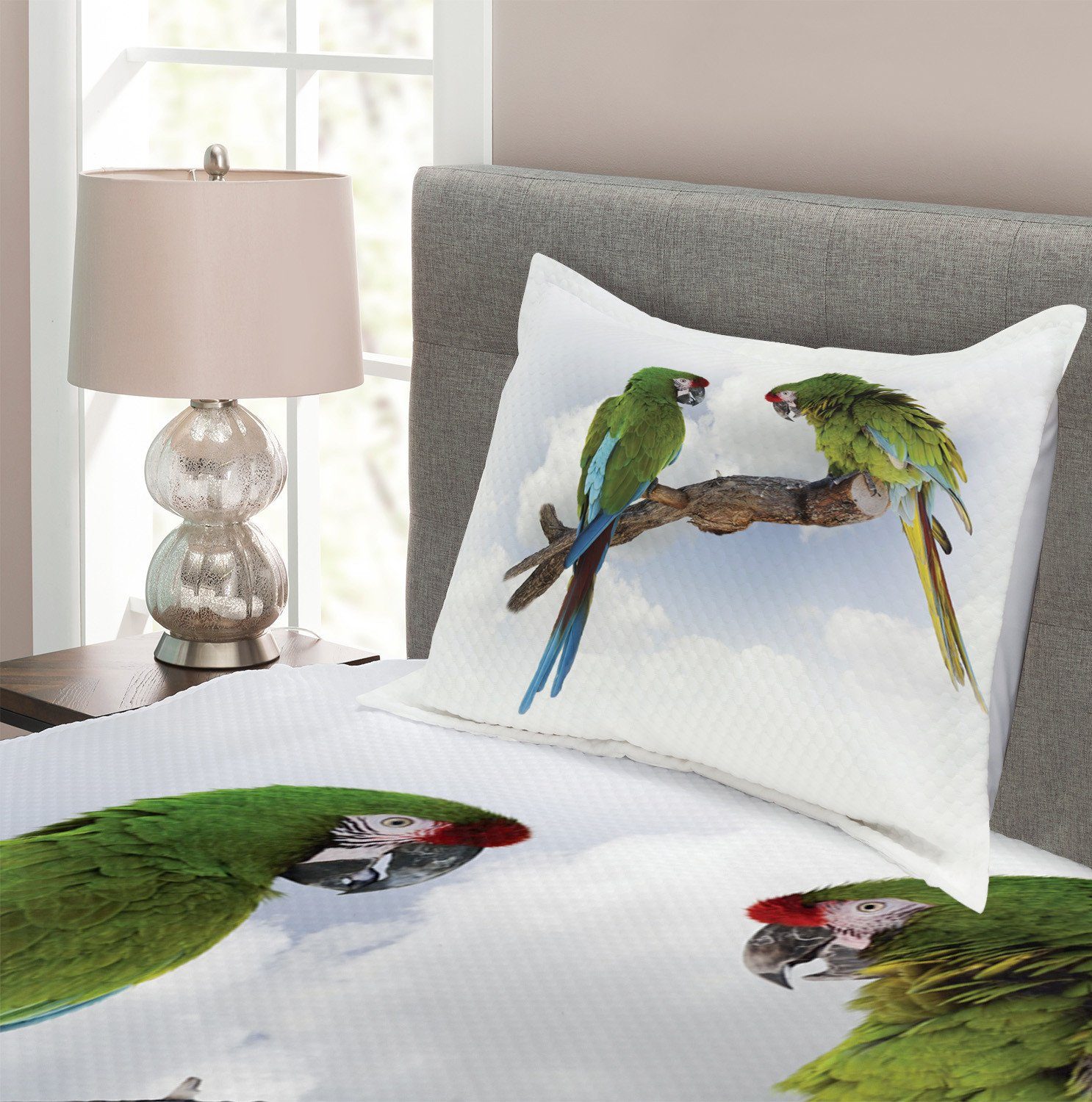 Tagesdecke Set mit Kissenbezügen Tropisch 2 Ara Parrot Vogel Abakuhaus, Waschbar