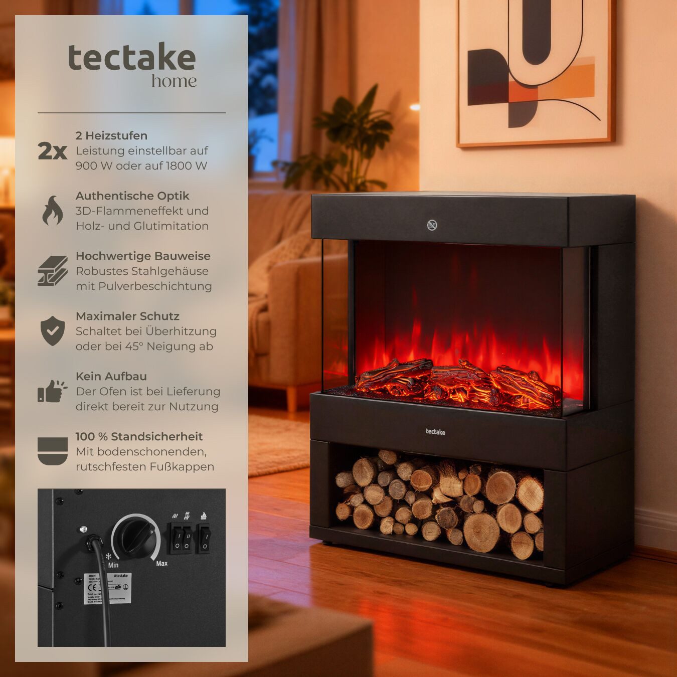tectake Elektrokamin Leora, 2 Leistungsstufen mit 900 W und 1800 W günstig online kaufen
