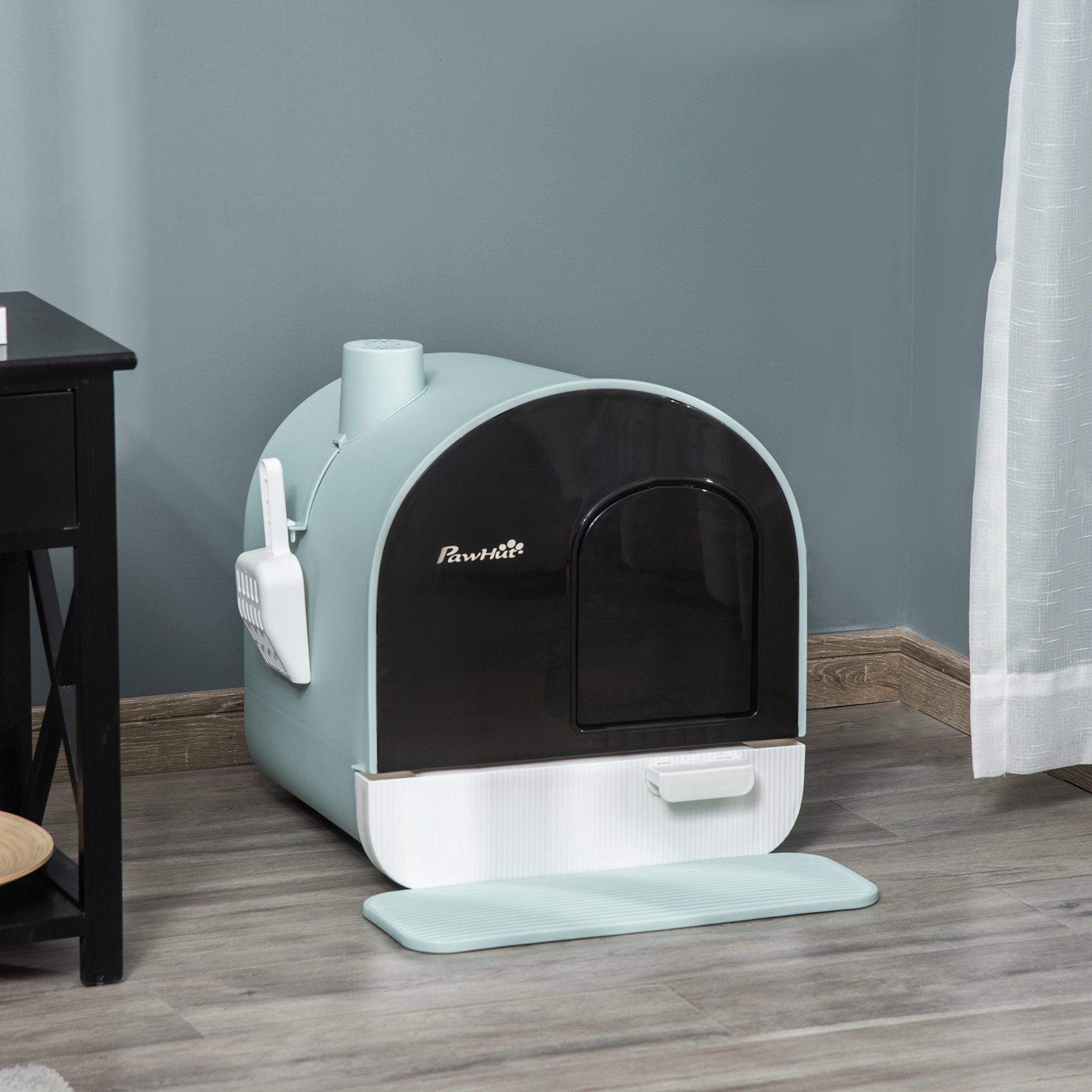 PawHut Katzentoilette Streuschaufel, Streufangmatte mit Deckel, für Wohnzimmer, Grün
