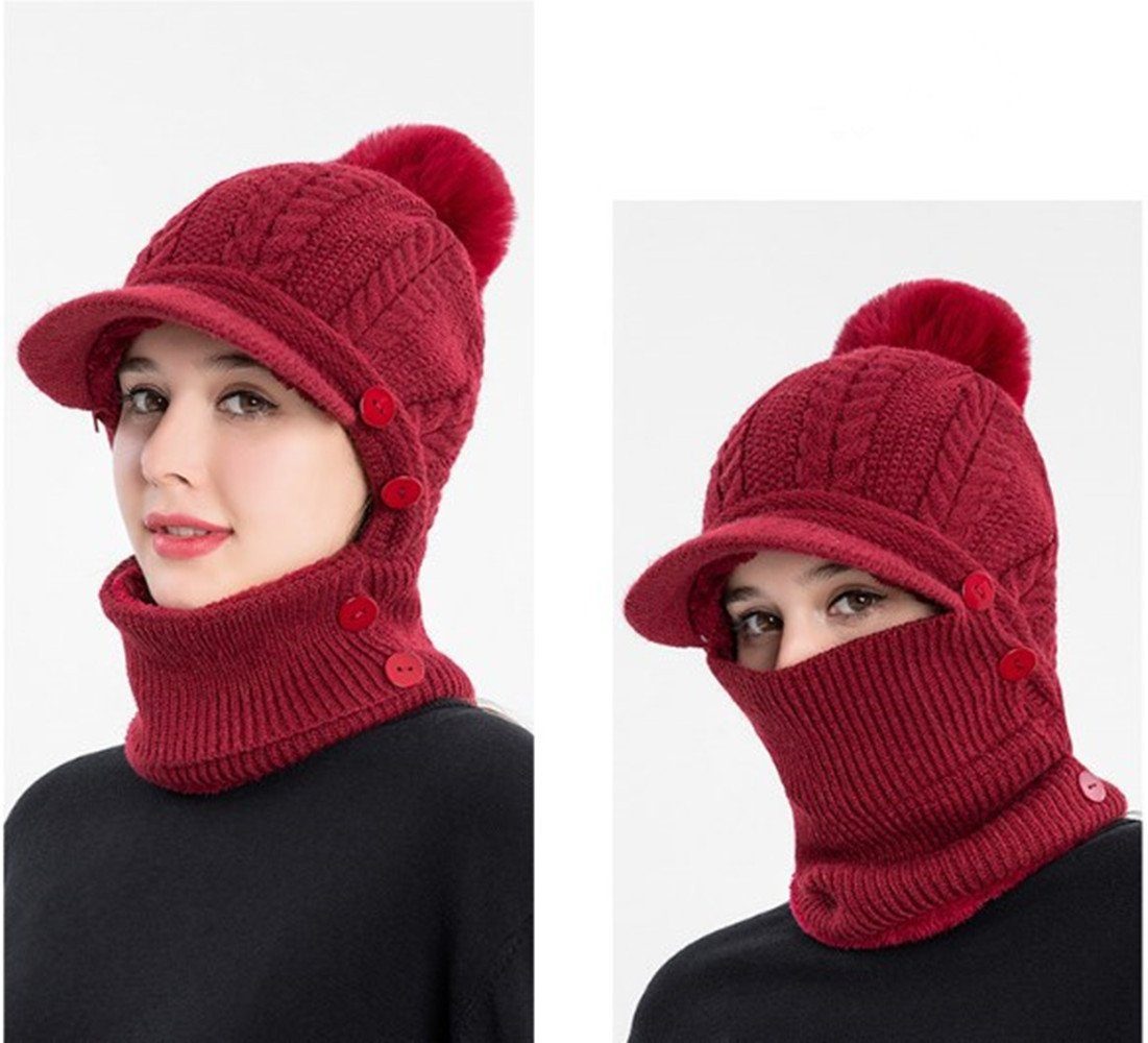 XDeer Strickmütze Damen Wintermütze Fleece Verstellbarer für 1 Gefüttert Gesichtsschutz 3 Damen mit Strickmützen red In Schirm