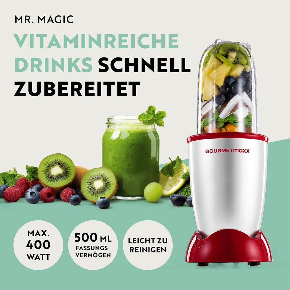 GOURMETmaxx Standmixer Mr. Magic 4-tlg. 400W silber/rot, 400 W, Elektrischer Mini-Mixer 500ml pürieren Smoothies Shakes Cocktails
