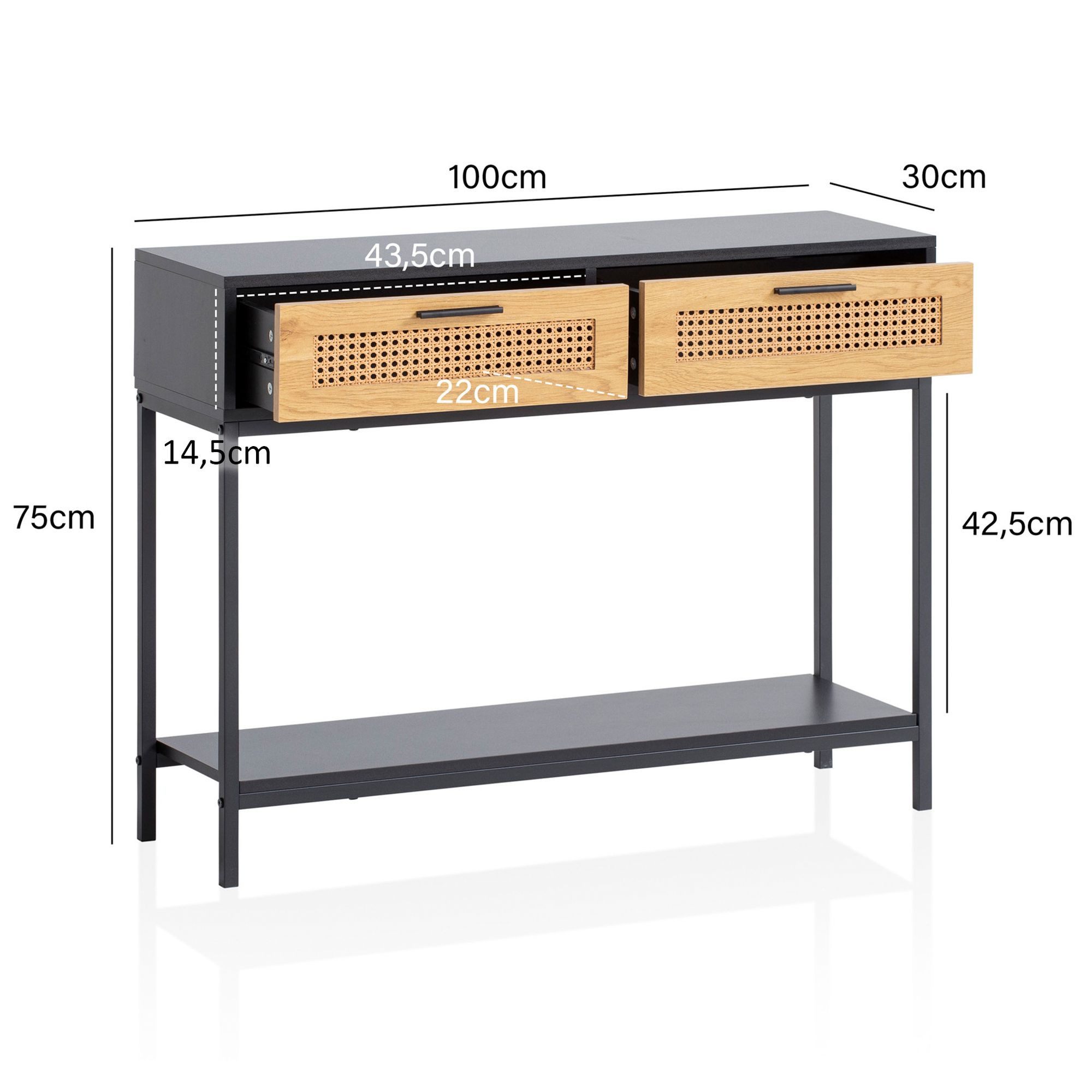 FINEBUY Konsolentisch FB100053 Anrichte 100 cm Ablagetisch Flurtisch Wiener Geflecht (Ablagetisch Metallbeine, Dielentisch Schubladen), Schwarz 100x30x75, Flurtisch Klein Wiener Geflecht