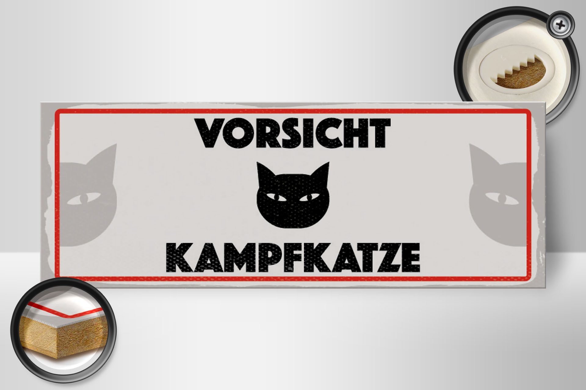 Femer GmbH Holzbild Hinweis 27x10 cm Vorsicht Kampfkatze, (1 St), Glatte Holzfaserplatte (MDF), vorn beschichtet