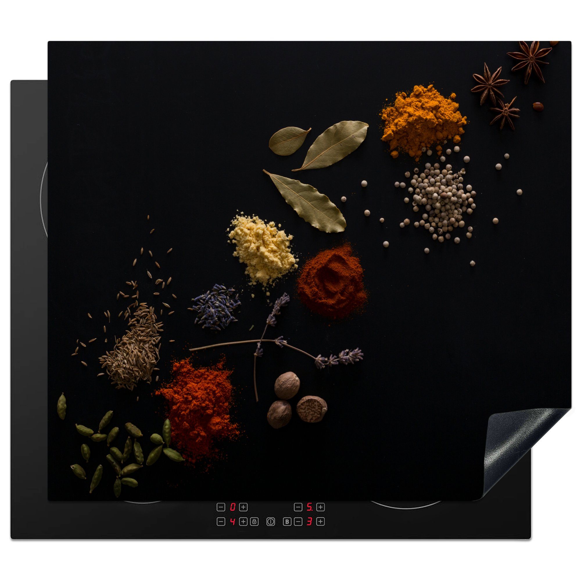MuchoWow Herd-Abdeckplatte Kräuter - Schwarz - Gewürze - Küche - Kochen, Vinyl, (1 tlg), Ceranfeldabdeckung Küche, Herdabdeckplatte Einteilig, 60x52 cm