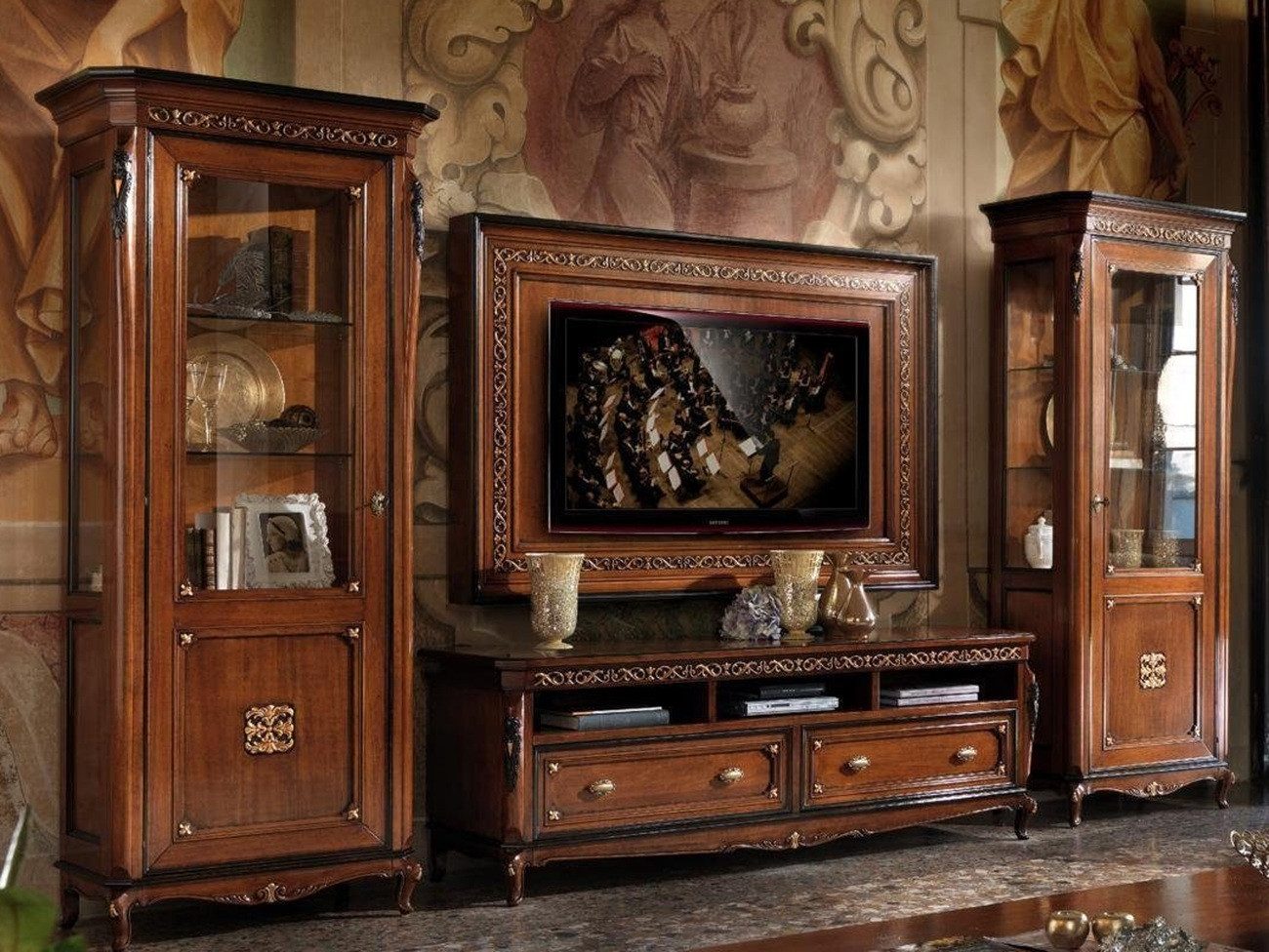 JVmoebel Wohnzimmer-Set Holz Wohnzimmermöbel Garnitur mit Vitrine, Kommode und Couchtisch, Made in Italy