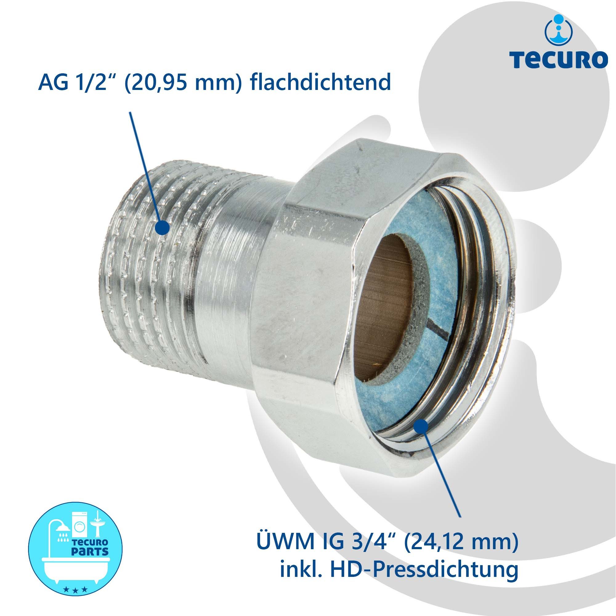 tecuro Gewindefitting Verschraubung mit Überwurfmutter x AG, Messing glanzverchromt, ÜWM 3/4 Zoll x AG 1/2 Zoll