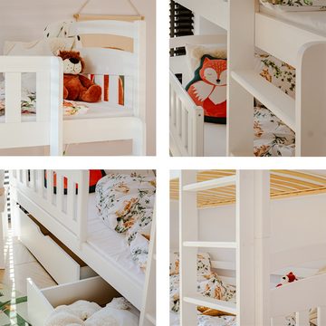 Lomadox Kinderbett KANGRU-162, Kiefer weiß, Bett 2 Liegefläche umbaubar zu Einzelbetten