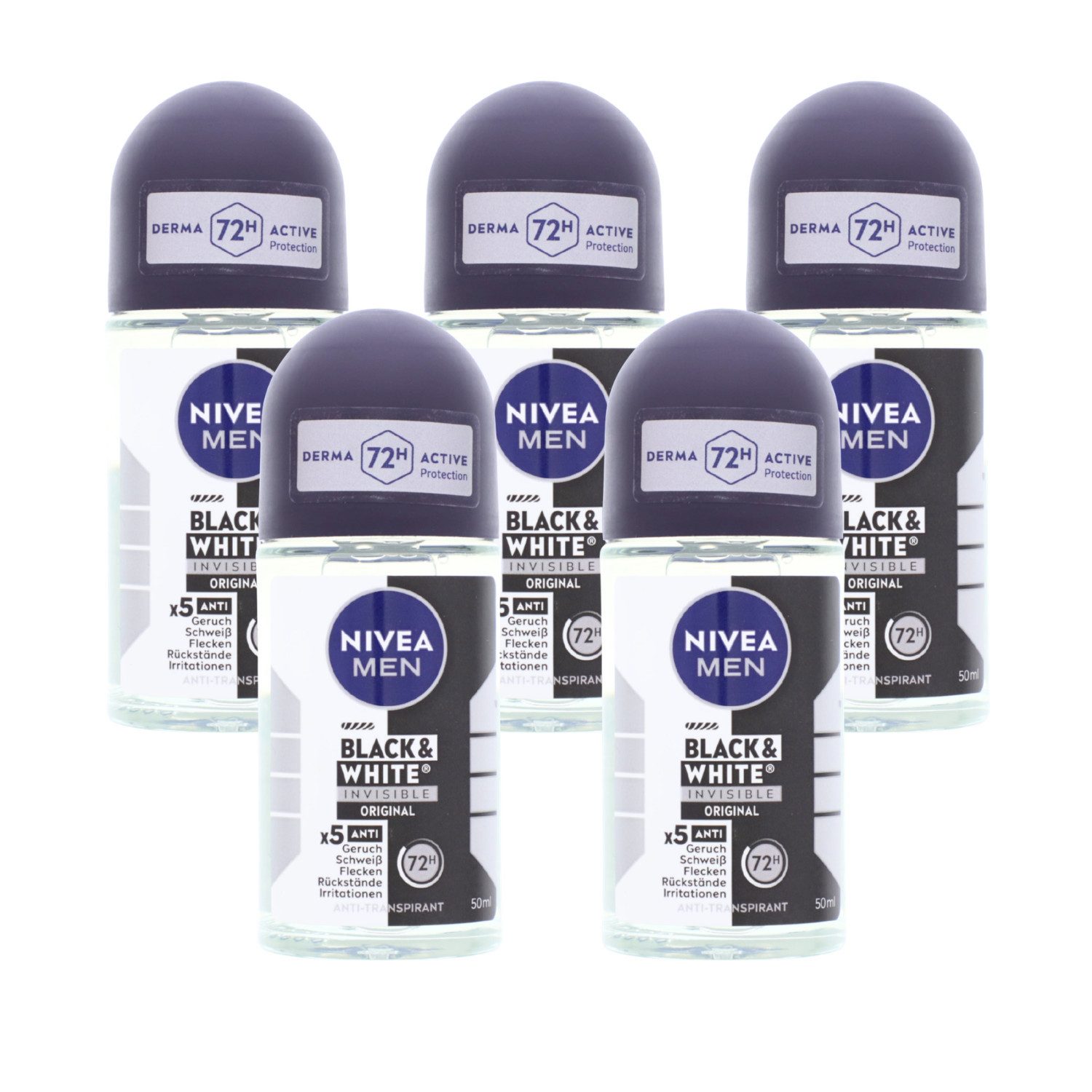 Nivea Deo-Roller 5 x NIVEA MEN Black & White Invisible Original Deo Roll On je 50ml 72H