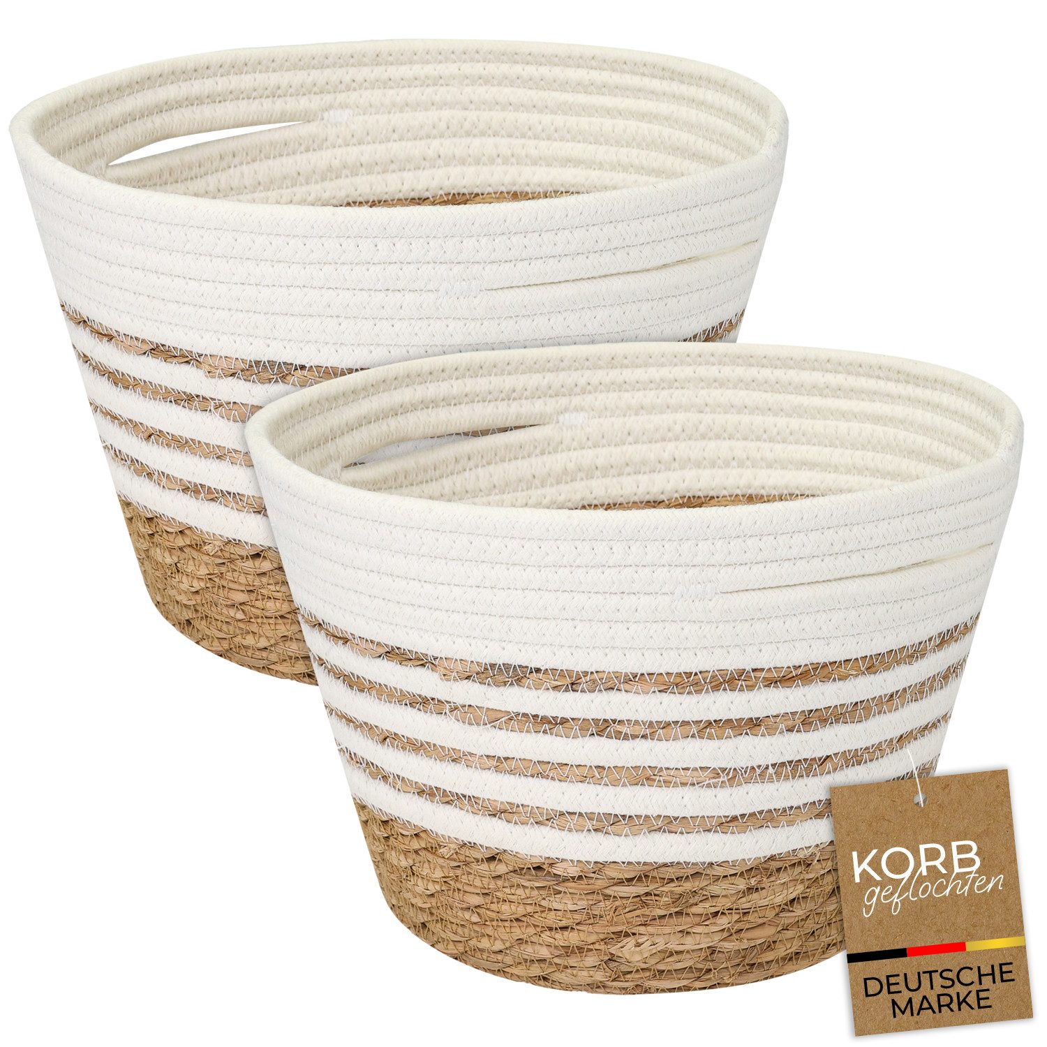 HMF Aufbewahrungskorb Aufbewahrungskorb mit versteckten Griffen, runder Korb (2er-Set), und Seegras für Badezimmer, Küche und Wohnbereich, 27 x 19 cm, Weiß
