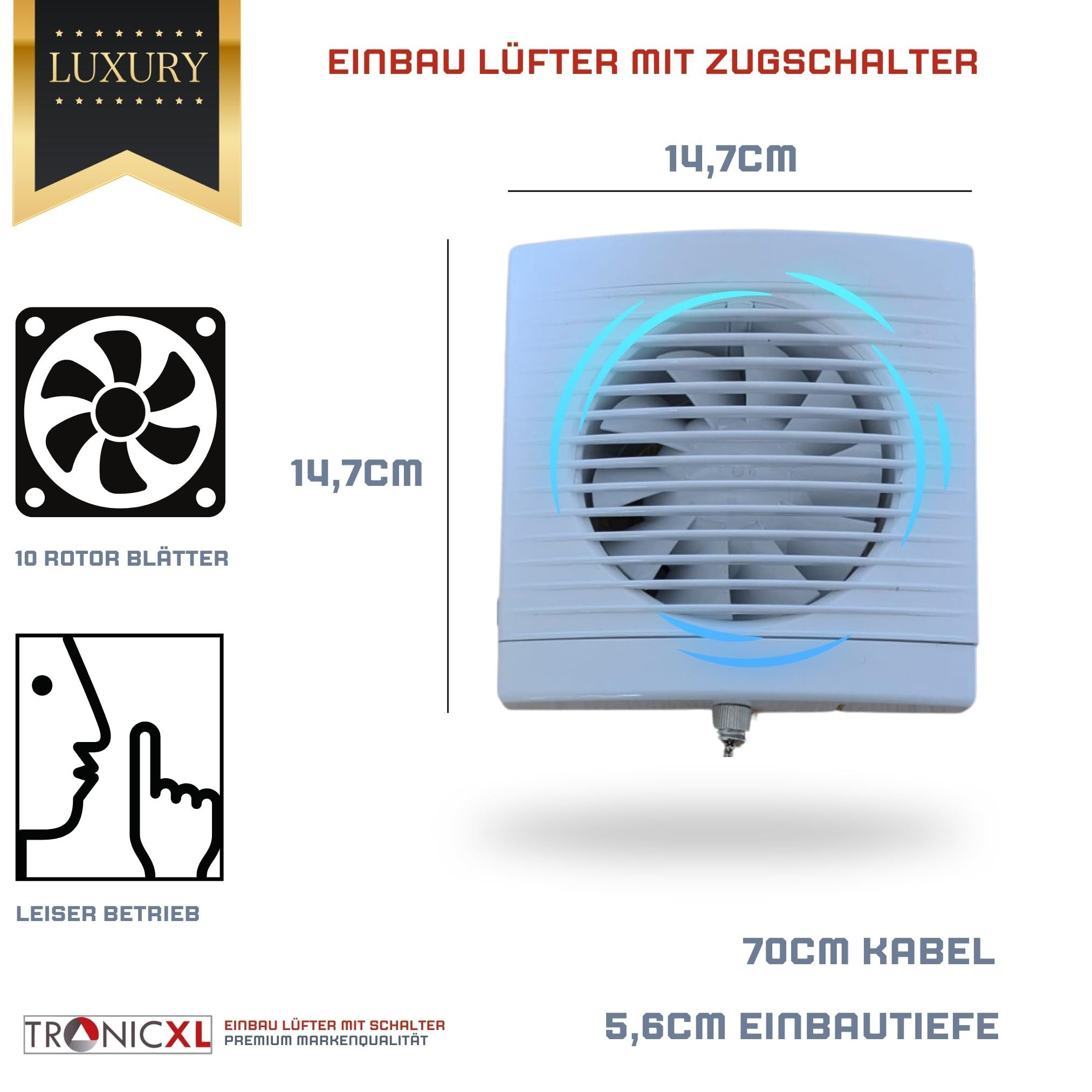 Zugschalter und vormontiertes Kabel des TronicXL Wandventilators