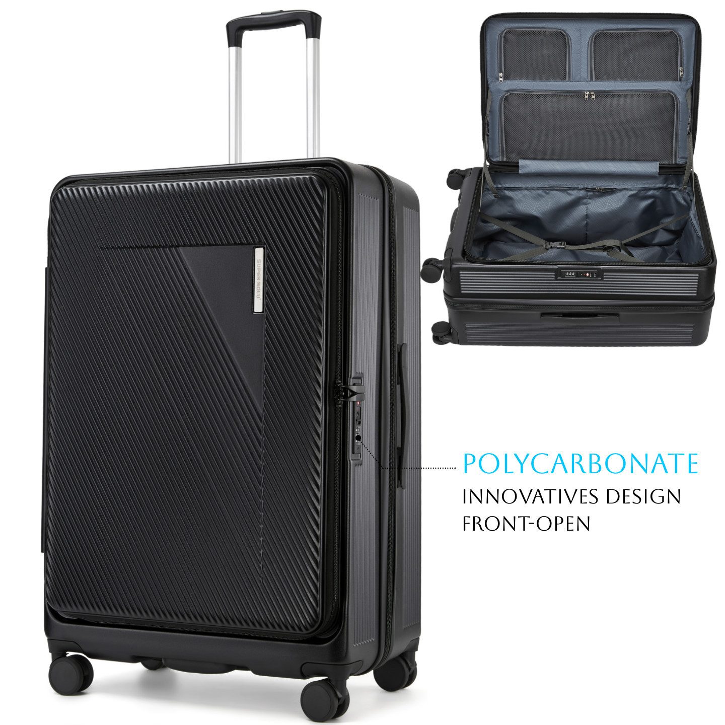 Super Solu Hartschalen-Trolley 28 Zoll Polycarbonat Erweiterbarer Hartschalenkoffer mit Frontöffnung, 4 Rollen, 360° drehbar, Stoßfester Reisekoffer mit Dehnfalte und TSA-Schloss