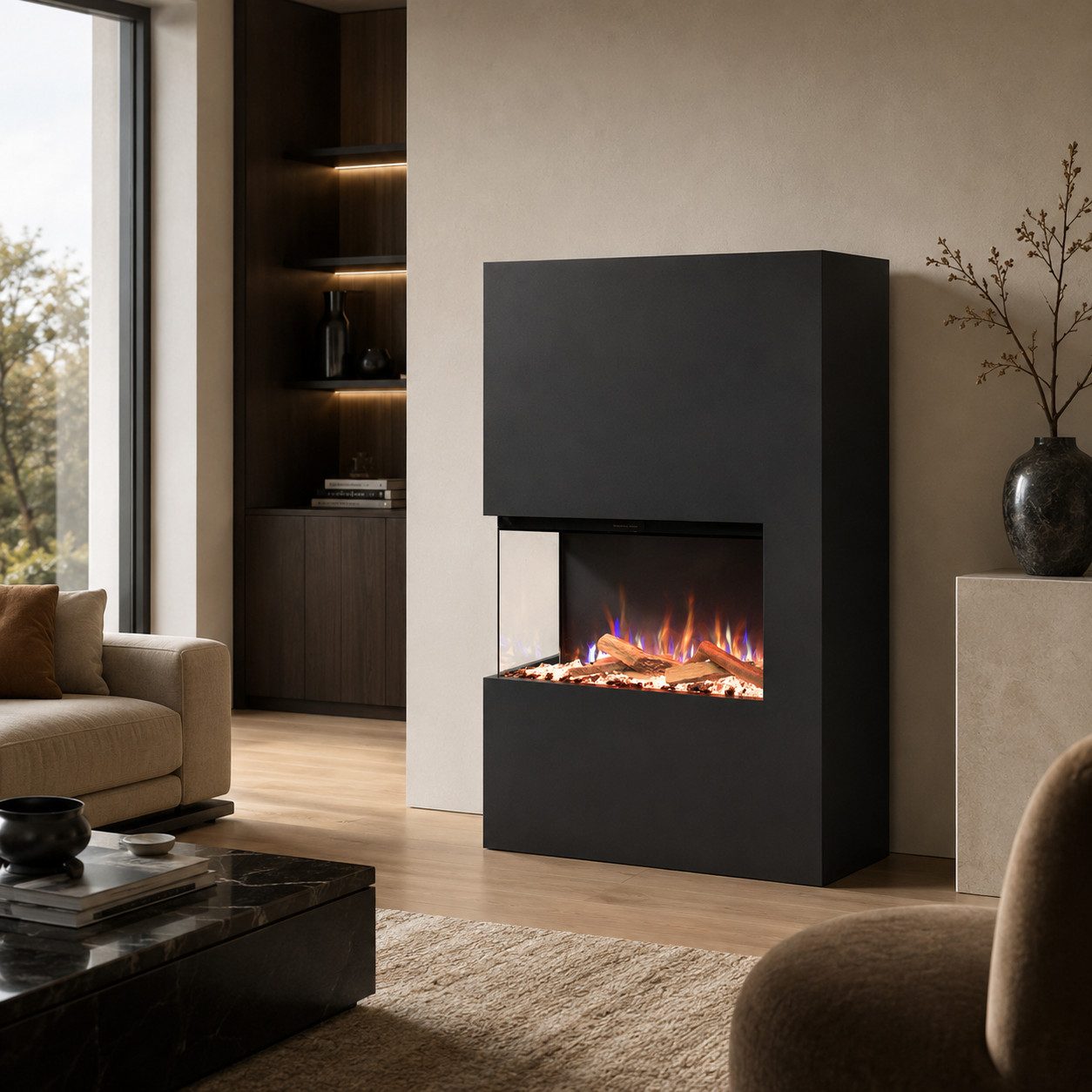 GLOW FIRE Elektrokamin LED E-Motion 3D - Portia, täuschend echte Flamme mit Heizung, 3 Dekorationen