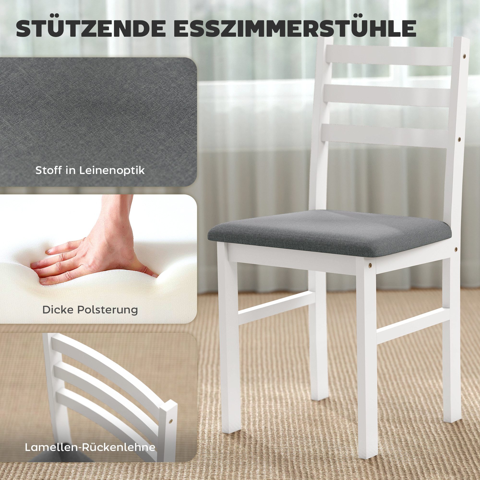 HOMCOM Essgruppe Esstisch mit 2 Stühlen Platzsparend Esszimmergruppe Rechteckig, (Sitzgruppe, 3-tlg., Küchentisch mit gepolsterten Essstühlen), für kleine Raum, – Bild 5 von 5
