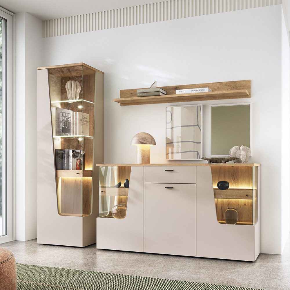Lomadox Esszimmer-Set CARMONA-129, (Spar-Set, 3-St., Sideboard Vitrine Wandregal), in kaschmir und Eiche, inkl. LED-Beleuchtung