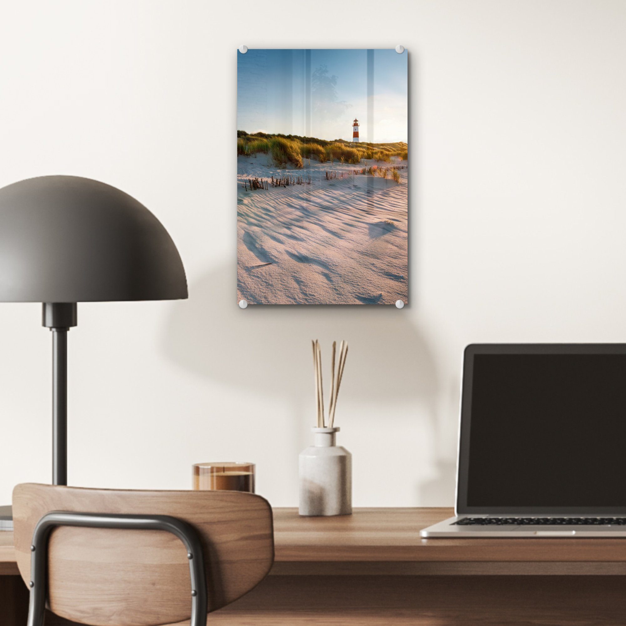 - Bilder Glas Strand Acrylglasbild Sonnenuntergang, auf Wandbild - MuchoWow (1 auf - Glas St), - Glasbilder Leuchtturm Foto Wanddekoration -