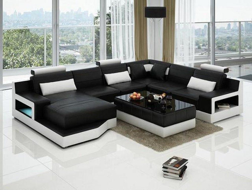 JVmoebel Wohnlandschaft Ecksofa aus Leder mit Bettfunktion und Kopfkissen in Schwarz/Weiß, Made in Europa