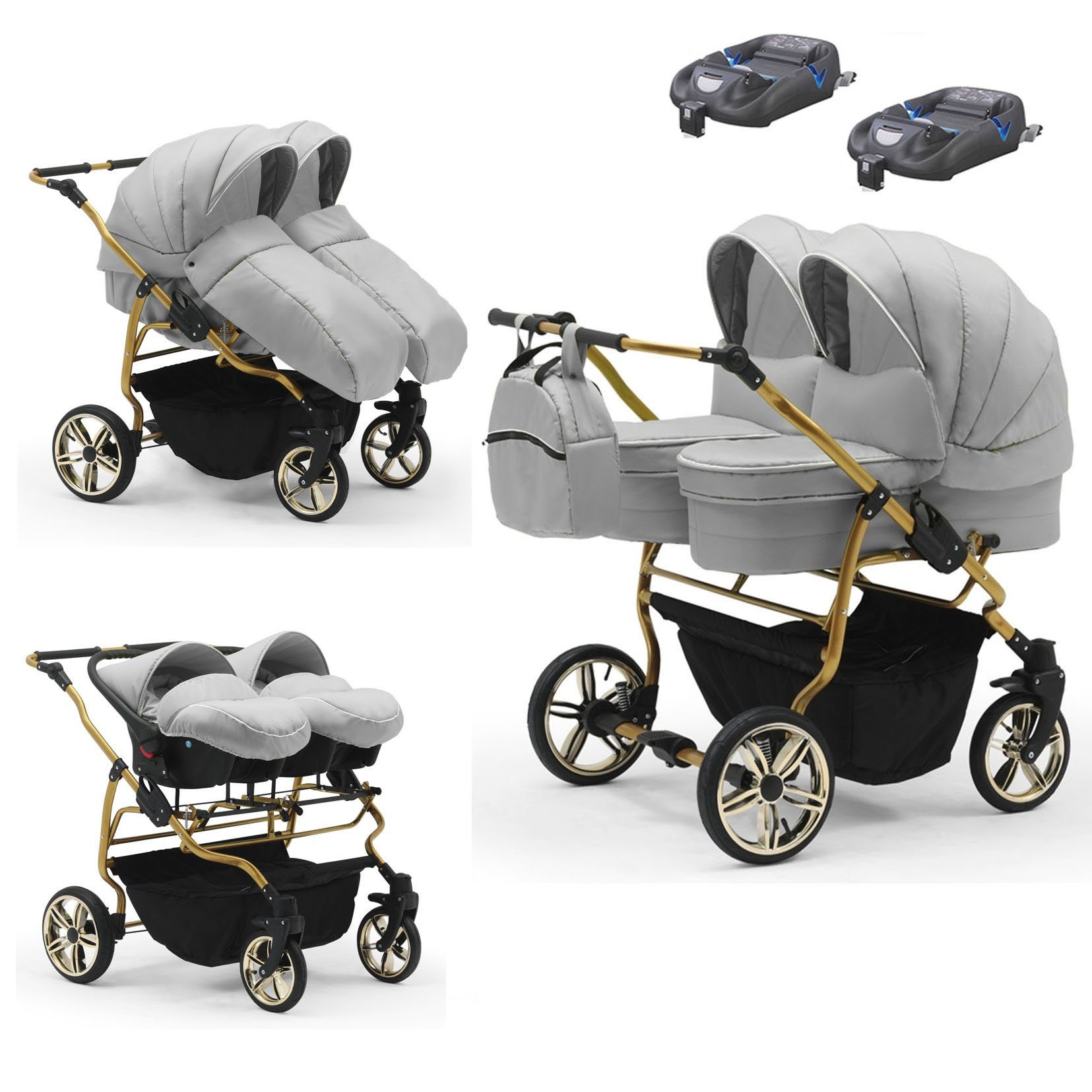 babies-on-wheels Zwillingswagen Zwillingswagen Duet Lux Gold 4 in 1 - 15 Teile - in 33 Farben Hellgrau-Hellgrau