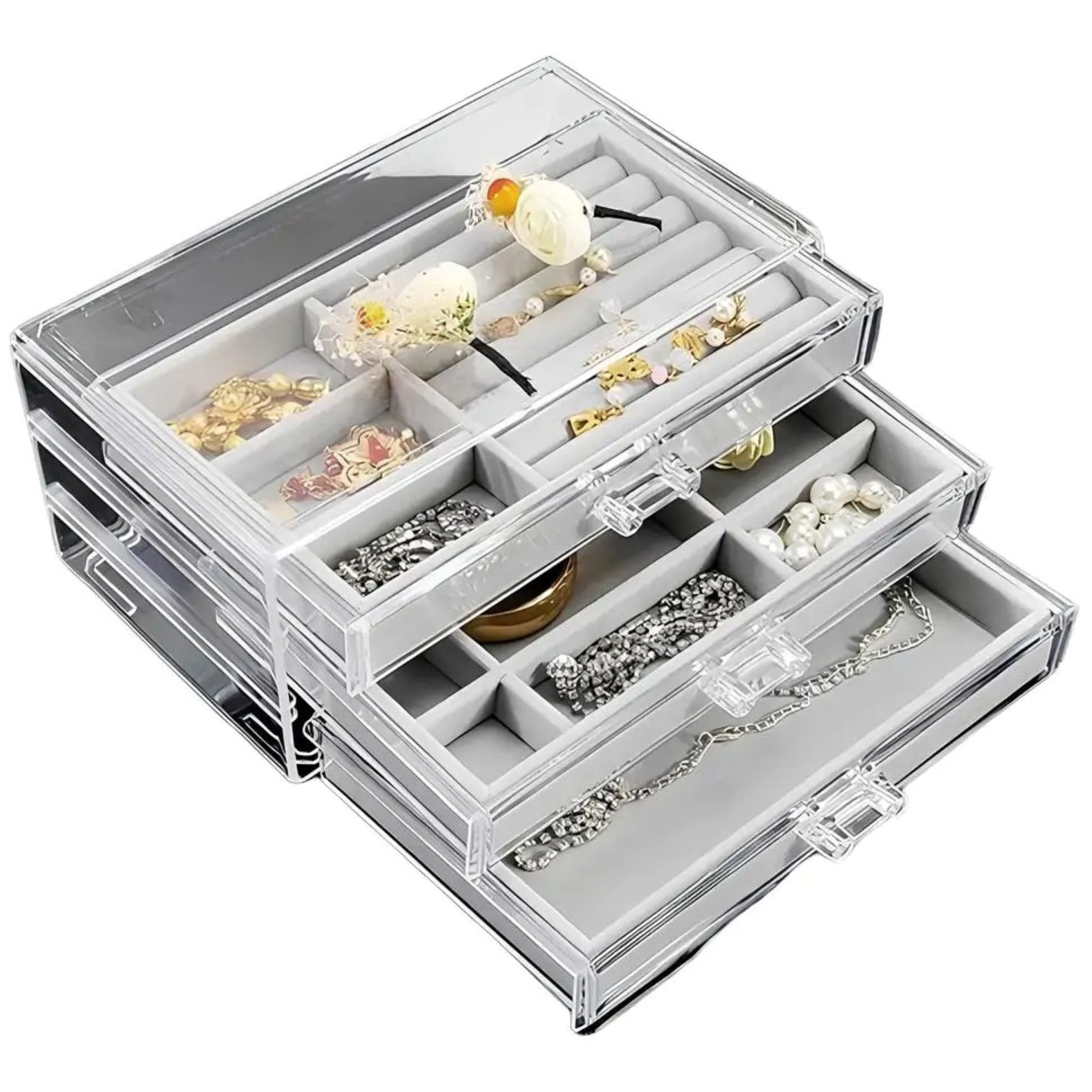 HURTNET Schmuckkassette Schmuck Organizer Acryl transparent 3 Schubladen mit Samteinlage (Einzel Organizer Schmuckaufbewahrung mit 3 Schubladen, Schmuck Organizer Acryl mit 3 Schubladen und Samteinlage), transparent, modern, platzsparend, leicht zu reinigen