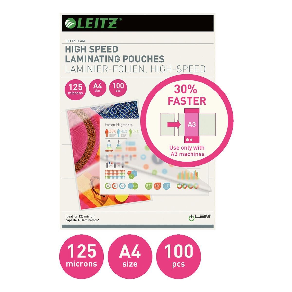 LEITZ Laminierfolie iLAM, A4, 125 µm, 100 St., A4, 125 mic, glänzend, Speed