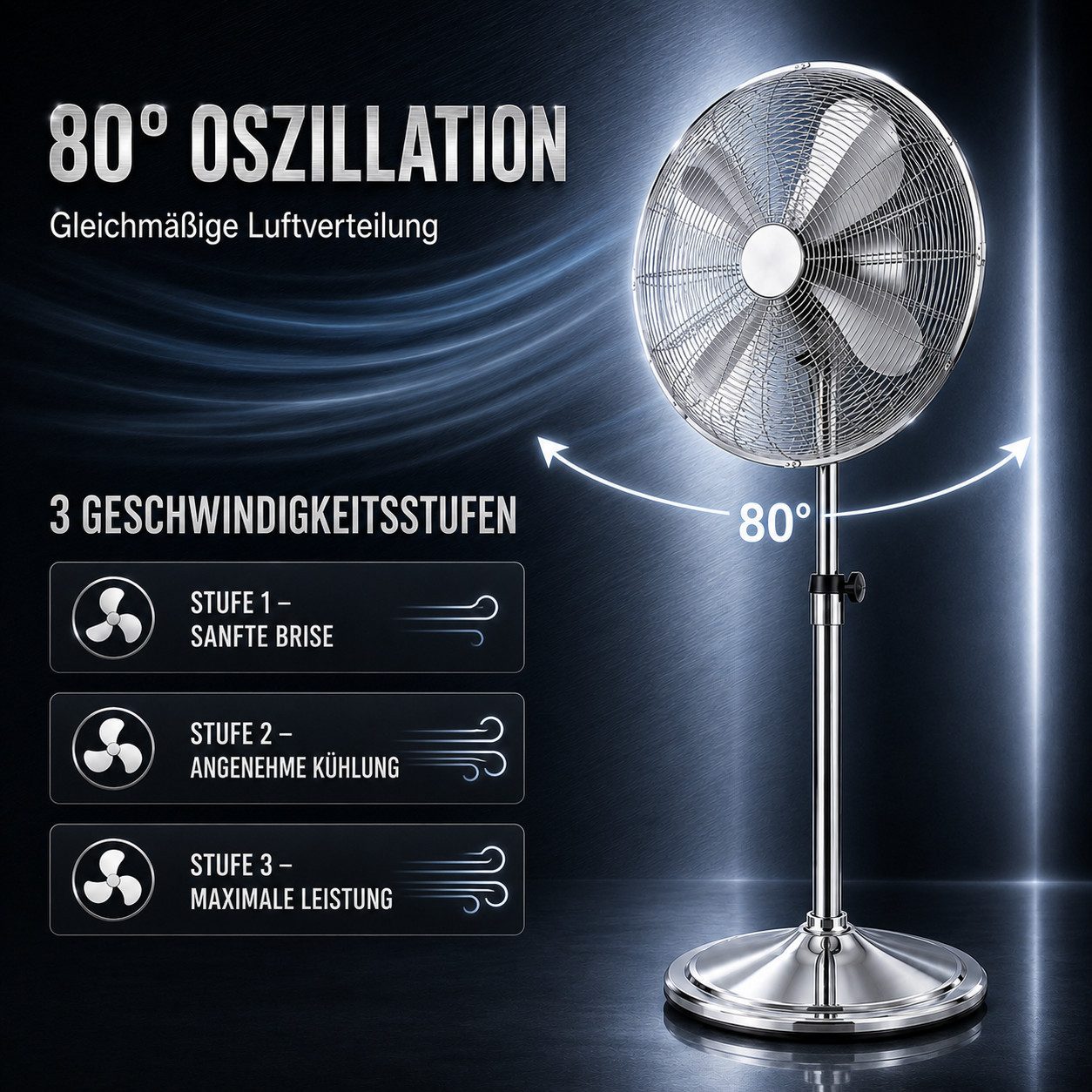 Ertex Standventilator EDELSTAHL Stand Ventilator 50W Metro 120cm Höhe Turmventilator Kühler