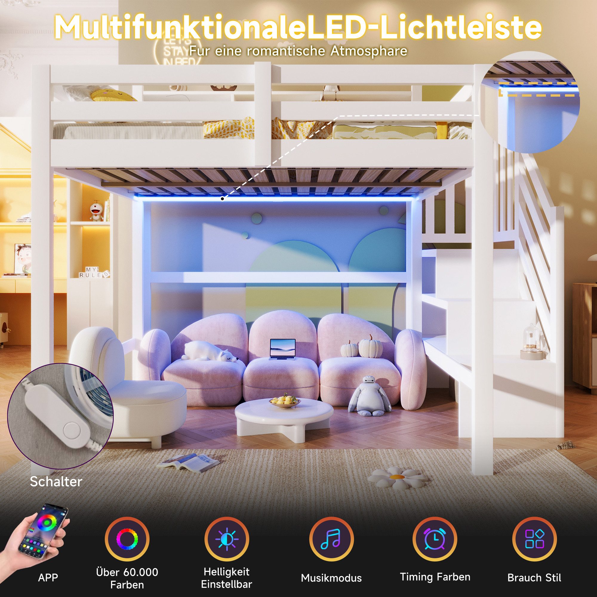 Merax Hochbett mit LED-Beleuchtung (1-St., Massivholz Jugendbett Einzelbett) Kinderbett 140x200cm mit Stauraumtreppe, Lagerregalen & Staufächern – Bild 4 von 5