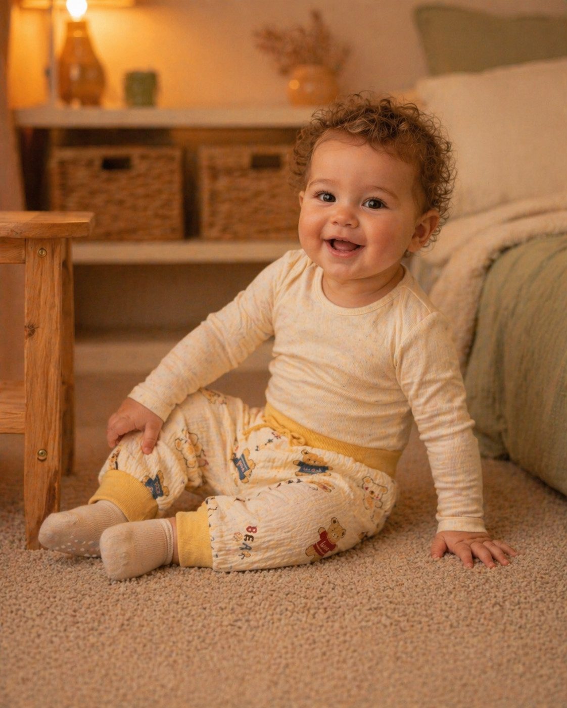 La Bortini Schlupfhose Baby Hose sommerliche Erstlingsshose aus Musselin, neutral (Hose für Neugeborene Jungen und Mädchen) aus Baumwolle, mit Bärchen-Muster, 44 50 56 62 68 74 80 86