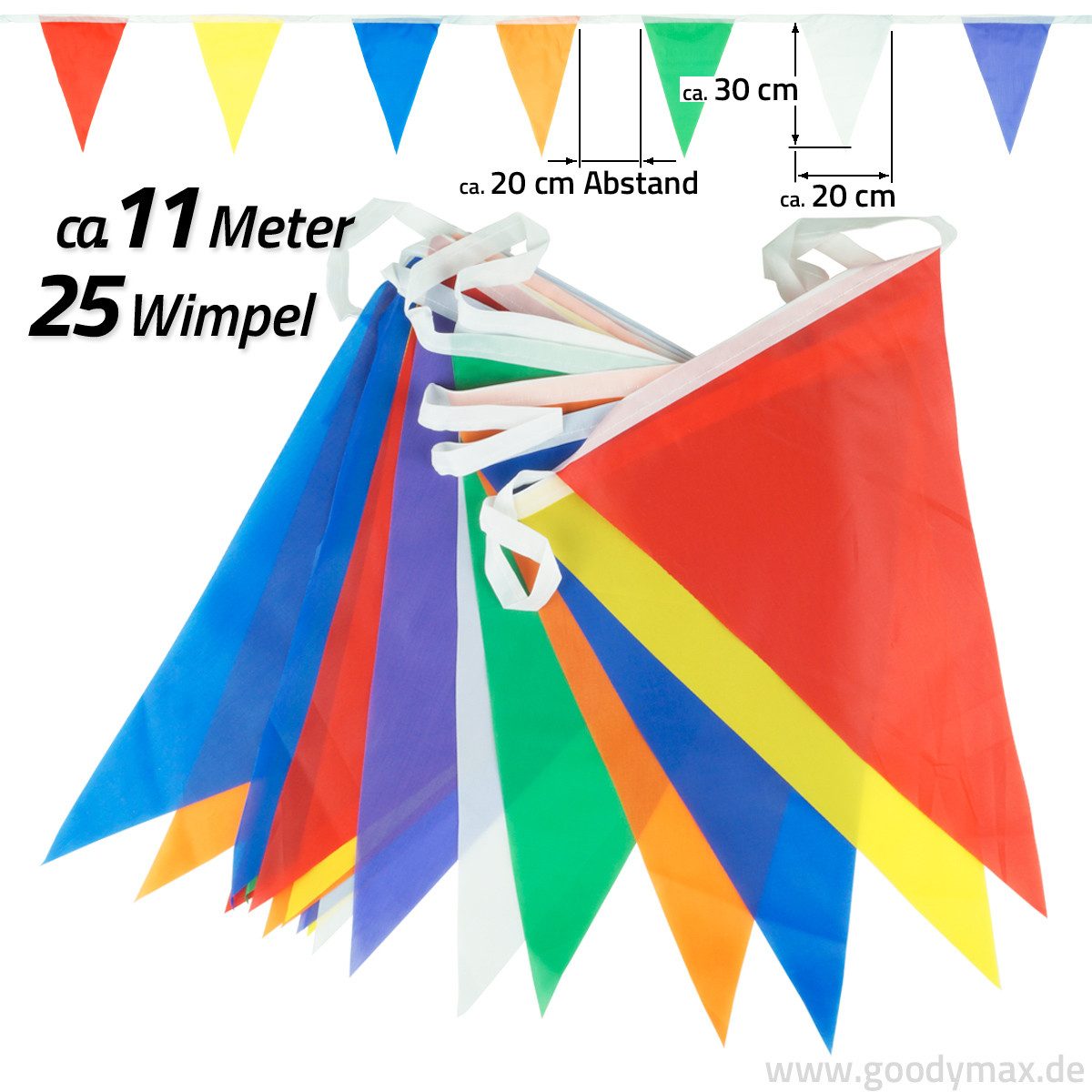 Goodymax Hängedekoration Wimpelkette Farbmix mit 7 Farben Polyester-Stoff (20 x 30 cm / 11 Meter lang, 1 Wimpelkette), 25 Wimpel – Bild 2 von 2